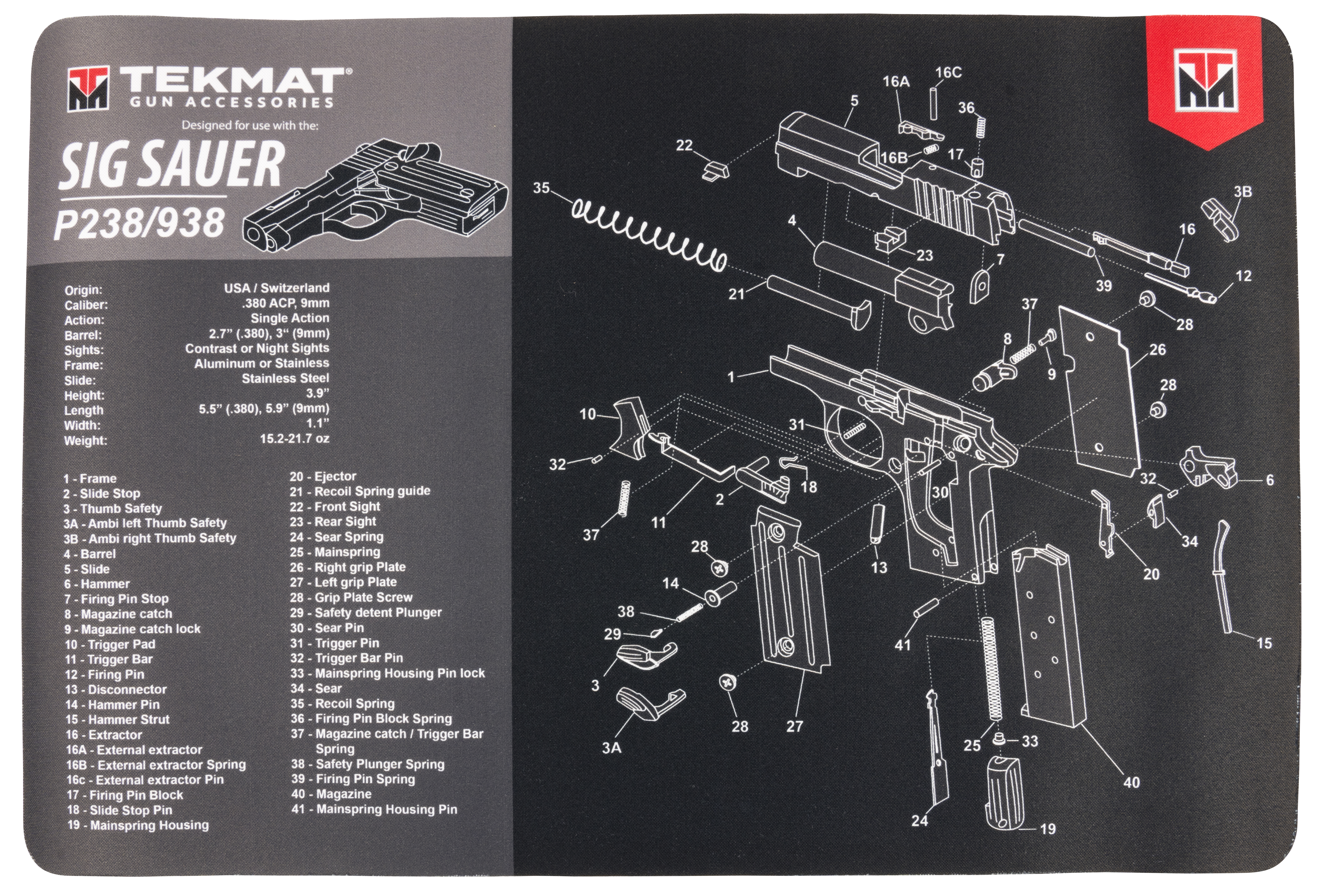 TekMat TEKR17SIGP238 Sig P238 Cleaning Mat Black/Gray Rubber 11″x17″ Sig P238 P