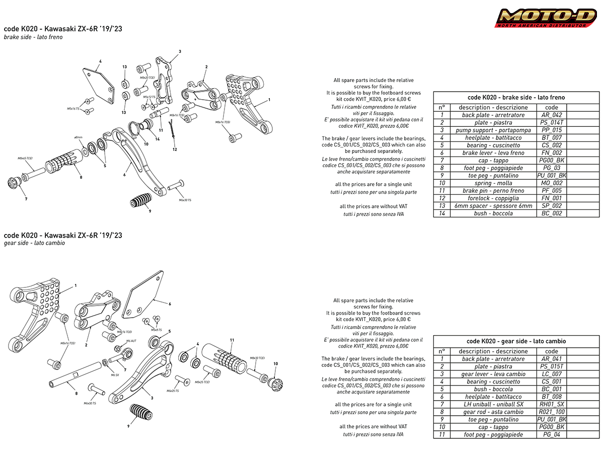 Bonamici Kawasaki Ninja ZX6R Rearsets (2024+) Moto Garage