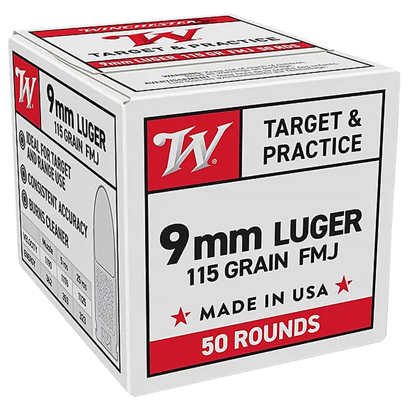 Winchester, Usa Pistol Ammo, 9mm Luger, Full Metal Jacket, 115 Grain, 50 Rounds