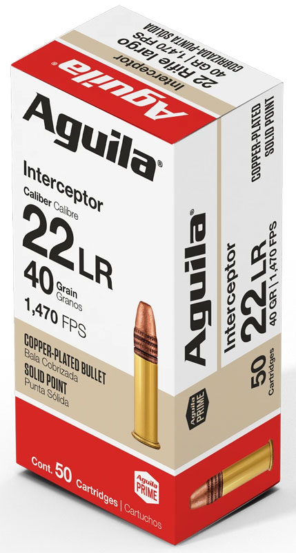 Aguila, Interceptor, 22 Long Rifle, Copper Plated Solid Point, 40 Grain, 50 Rounds