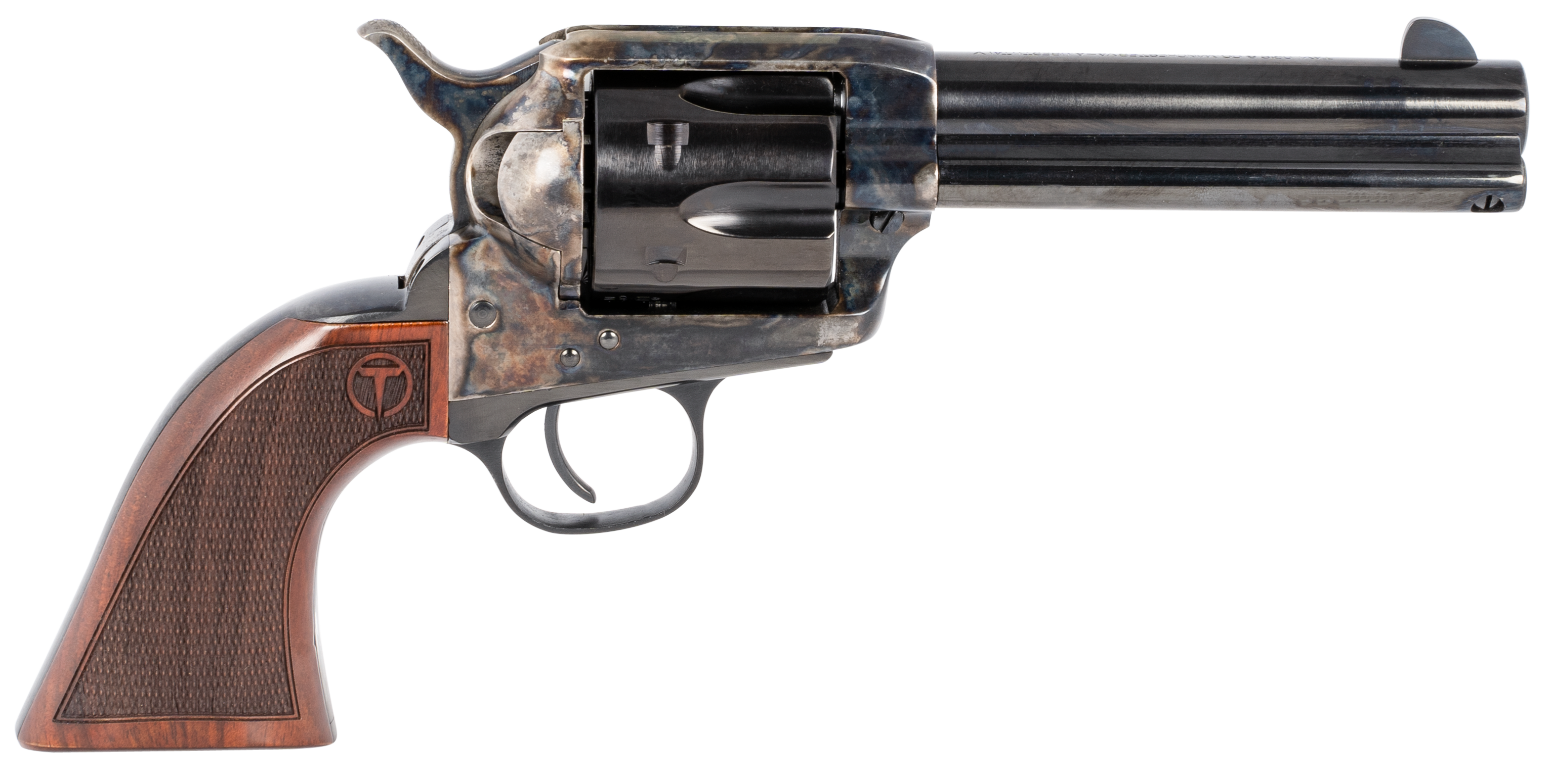Taylors & Company 550180 Smoke Wagon 357 Mag Caliber with 4.75" Blued Finish Barrel, 6rd Capacity Blued Finish Cylinder, Color Case Hardened Finish Steel Frame & Checkered Walnut Grip