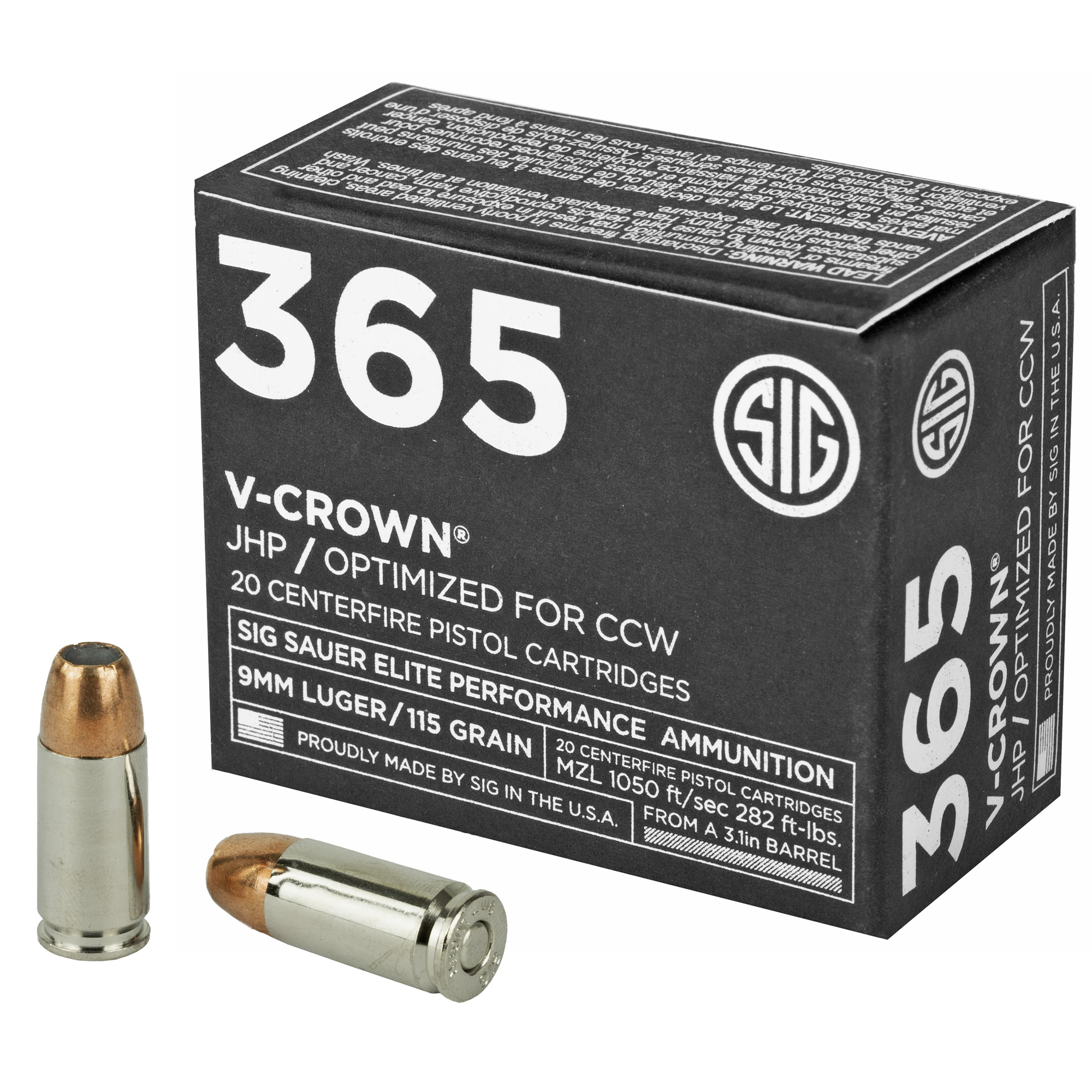 Sig Sauer V-Crown 9mm Luger Jacketed Hollow Point 115 Grain 20 Rounds
