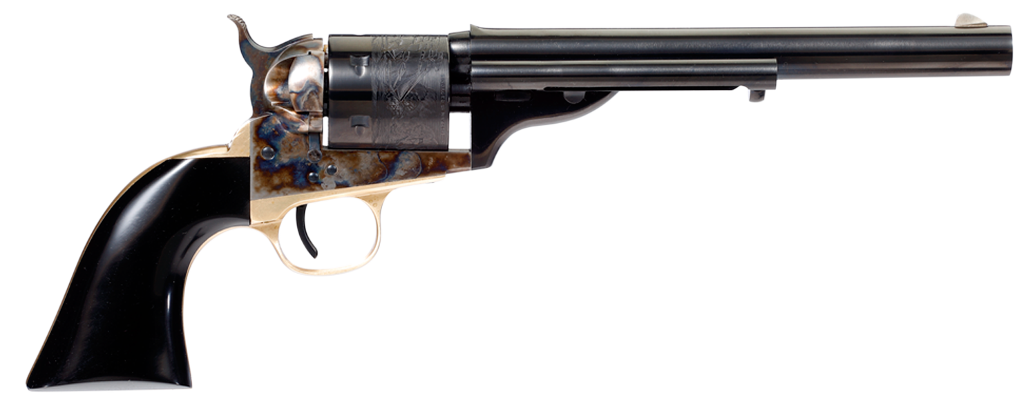 Taylors & Company 550714 Cavalier Open-Top 38 Special Caliber with 7.50" Blued Finish Barrel, 6rd Capacity Blued Finish Cylinder, Color Case Hardened Finish Steel Frame & Black Polymer Grip