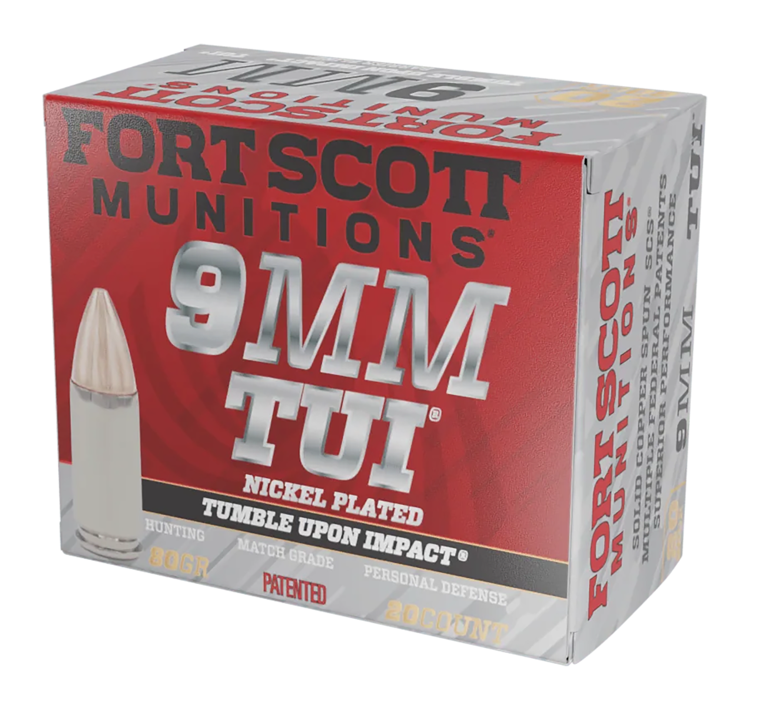 Fort Scott Munitions 9MM080SCVNIC Tumble Upon Impact (TUI)  9mmLuger 80gr Solid Copper Spun 20 Rounds