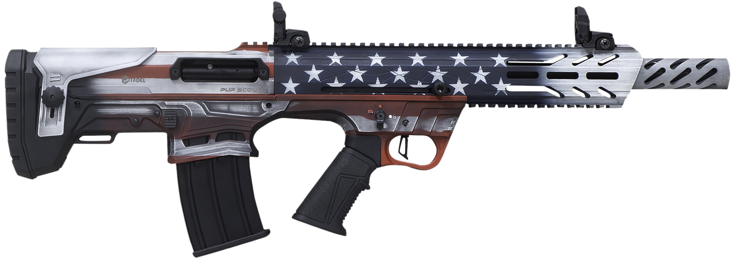 Citadel FRPS1218USA Pup Scout  12 Gauge Semi-Auto 3" 5+1 18.50" Steel Barrel, USA Flag Picatinny Rail Aluminum Receiver, Picatinny Handguards, Adj Cheek Riser Synthetic Stock, Black Polymer Grip