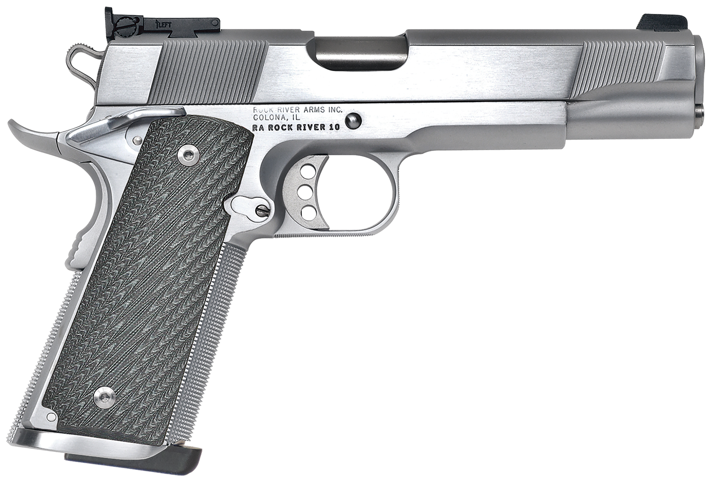 Rock River Arms PS2400 PS2400 Limited Match 45 ACP 7+1, 5" Stainless National Match Barrel, Brushed Chrome Serrated Steel Slide & Frame w/Beavertail, Black G10 Grip, Ambidextrous