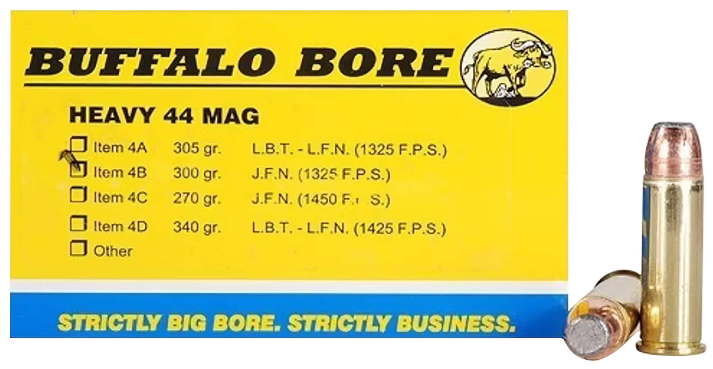 Buffalo Bore Ammunition 4B20 Heavy Strictly Business 44Rem Mag 300gr Semi Jacketed Flat Point 20 Rounds