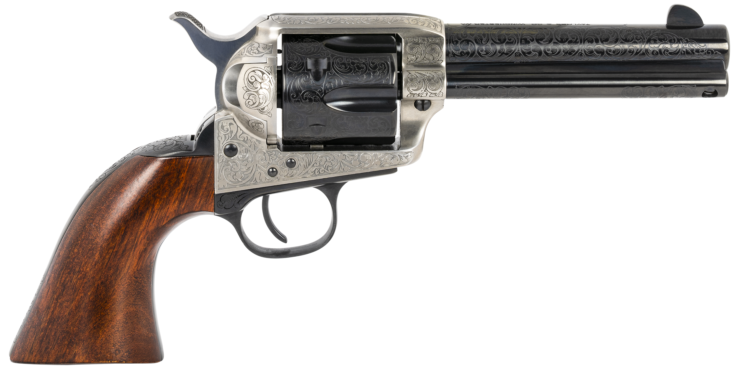 Taylors & Company 550924 1873 Cattleman 357 Mag Caliber with 4.75" Blued Floral Engraved Finish Barrel, 6rd Capacity Blued Finish Cylinder, Coin Photo Engraved Finish Steel Frame & Walnut Grip