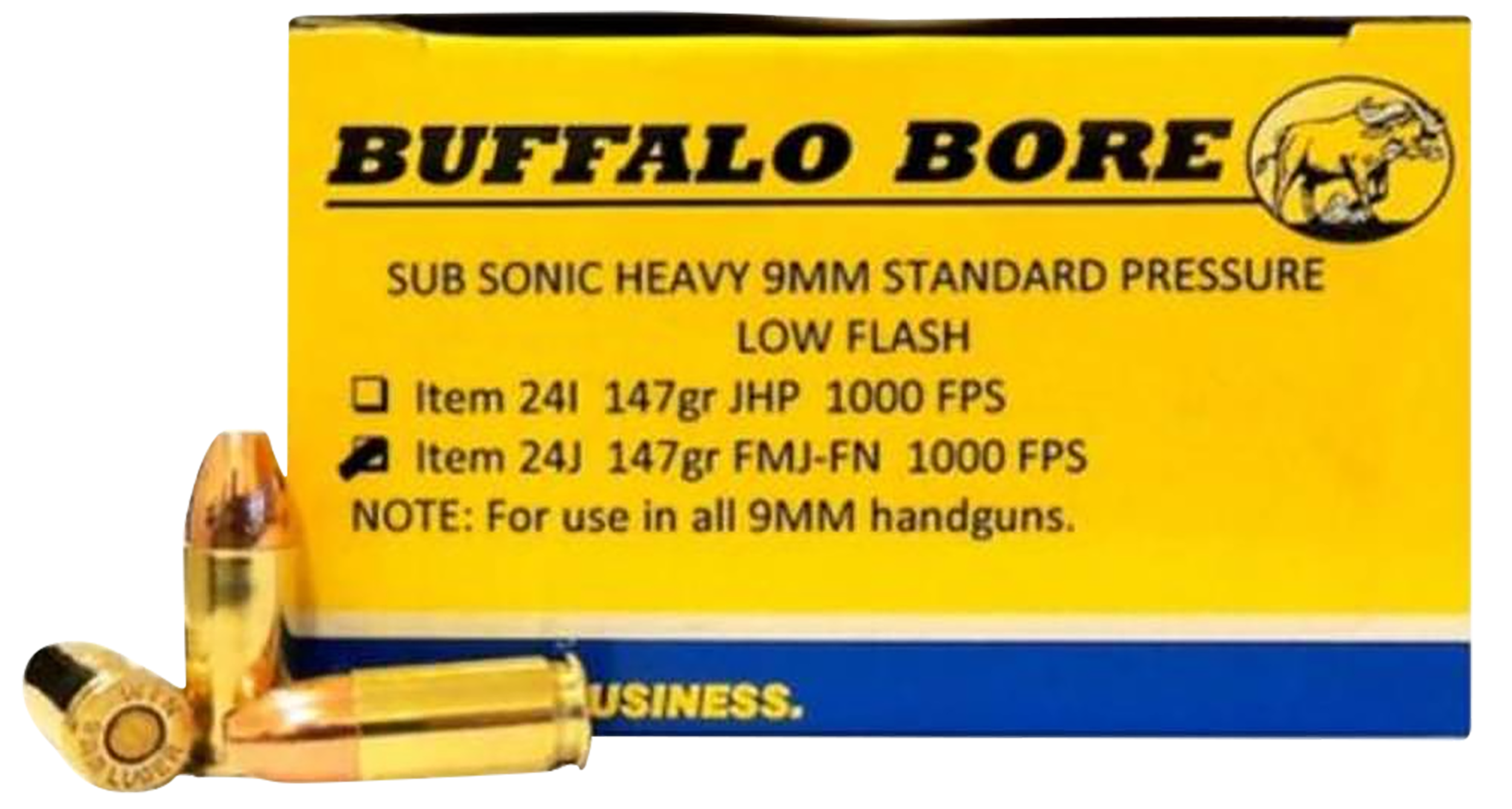 Buffalo Bore Ammunition 24J20 Subsonic Strictly Business 9mmLuger 147gr Full Metal Jacket Flat Nose 20 Rounds