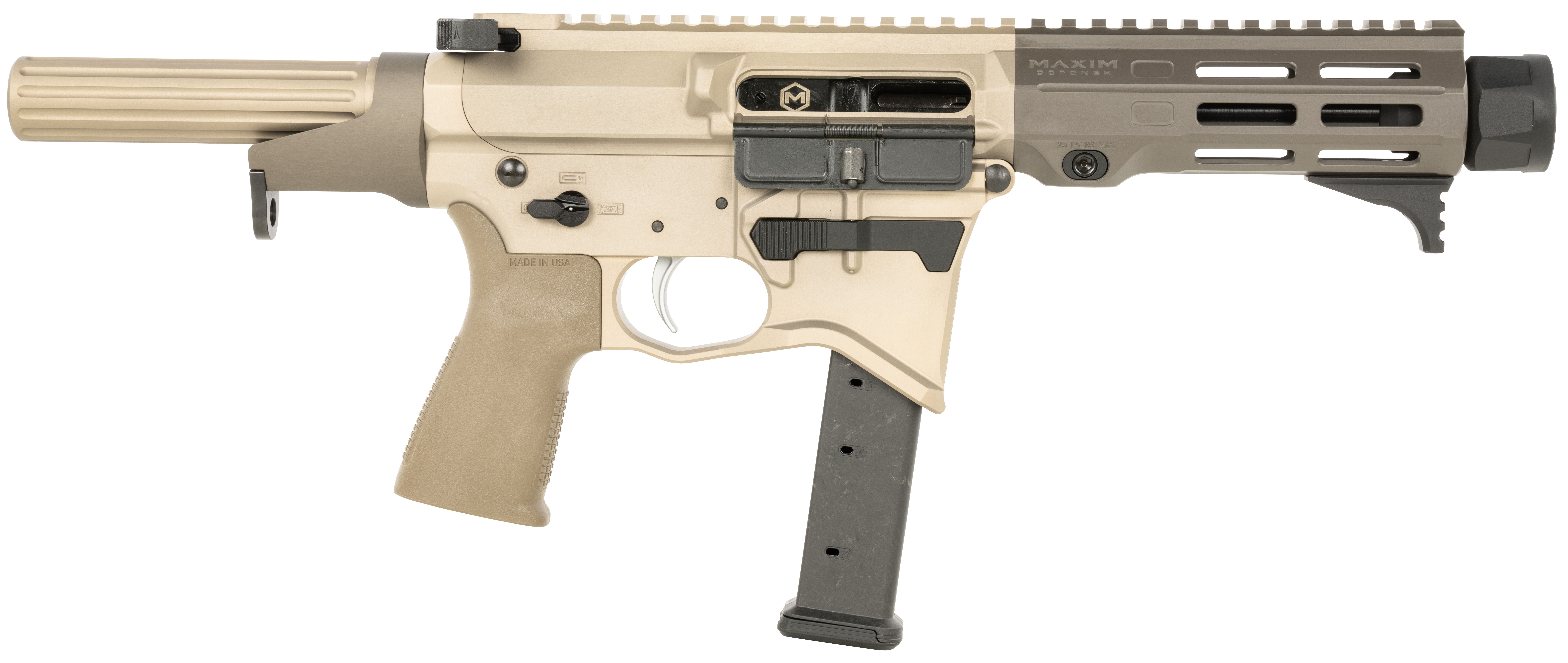 Maxim Defense MXM48173 CPS MD9 9mm Luger Caliber with 5.50" Barrel, Arid Brown Anodized Metal Finish, Black Maxim CQB Brace & Polymer Grip