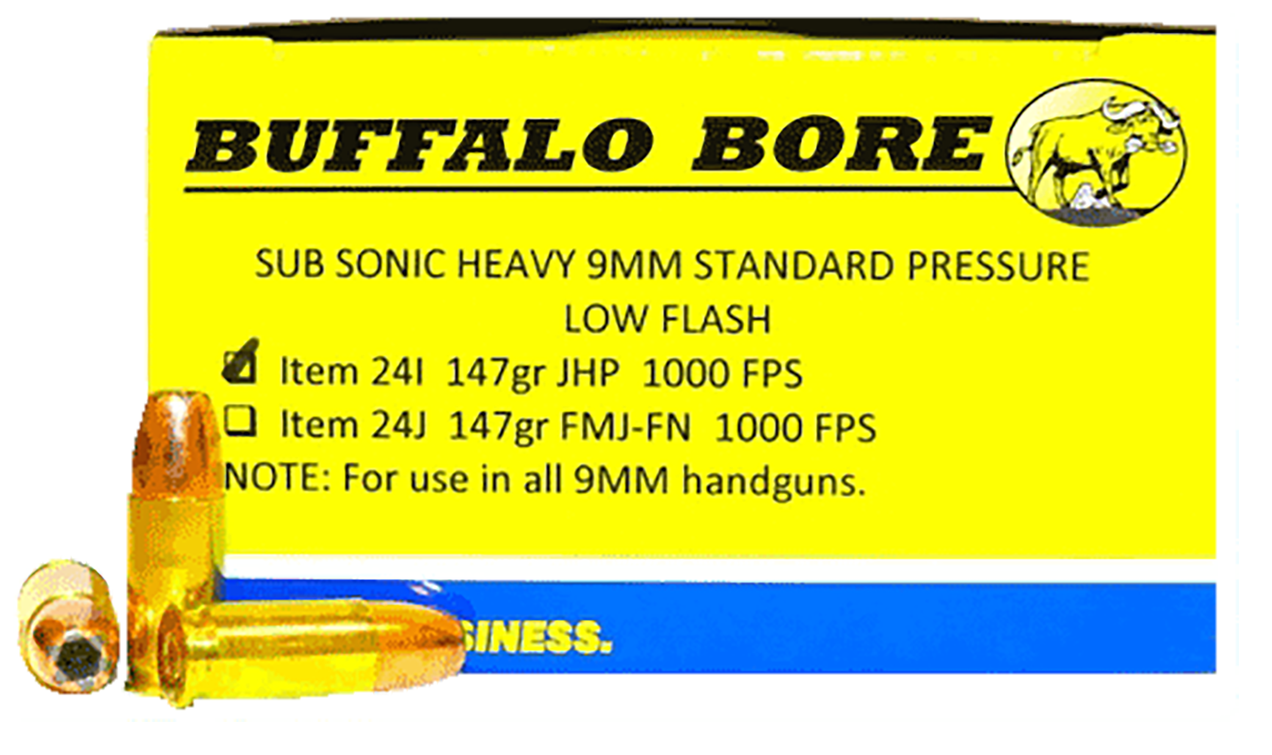 Buffalo Bore Ammunition 24I20 Subsonic Strictly Business 9mmLuger Subsonic 147gr Jacketed Hollow Point 20 Rounds