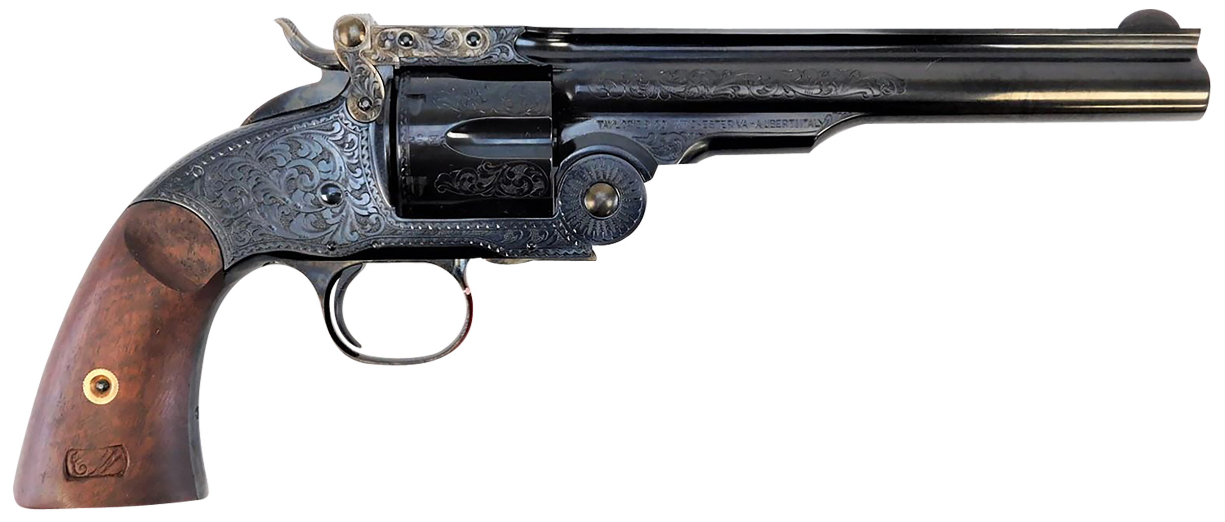 Taylors & Company 550644 Top Break Schofield 45 Colt (LC) 6rd 7" Blued Engraved Steel Walnut Grip