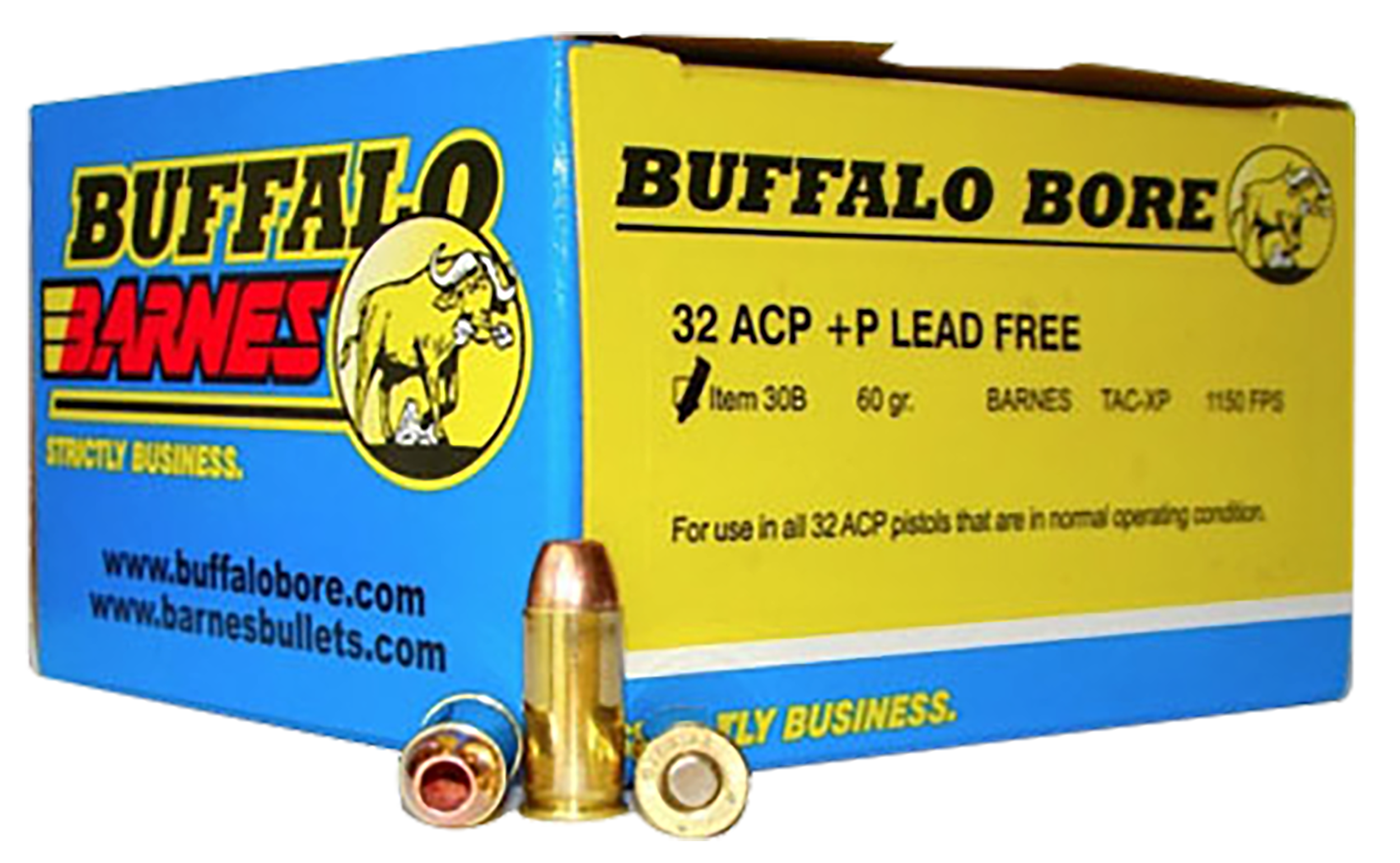 Buffalo Bore Ammunition 30B20 Buffalo-Barnes Strictly Business 32ACP +P 60gr Barnes TAC-XP Lead Free 20 Rounds