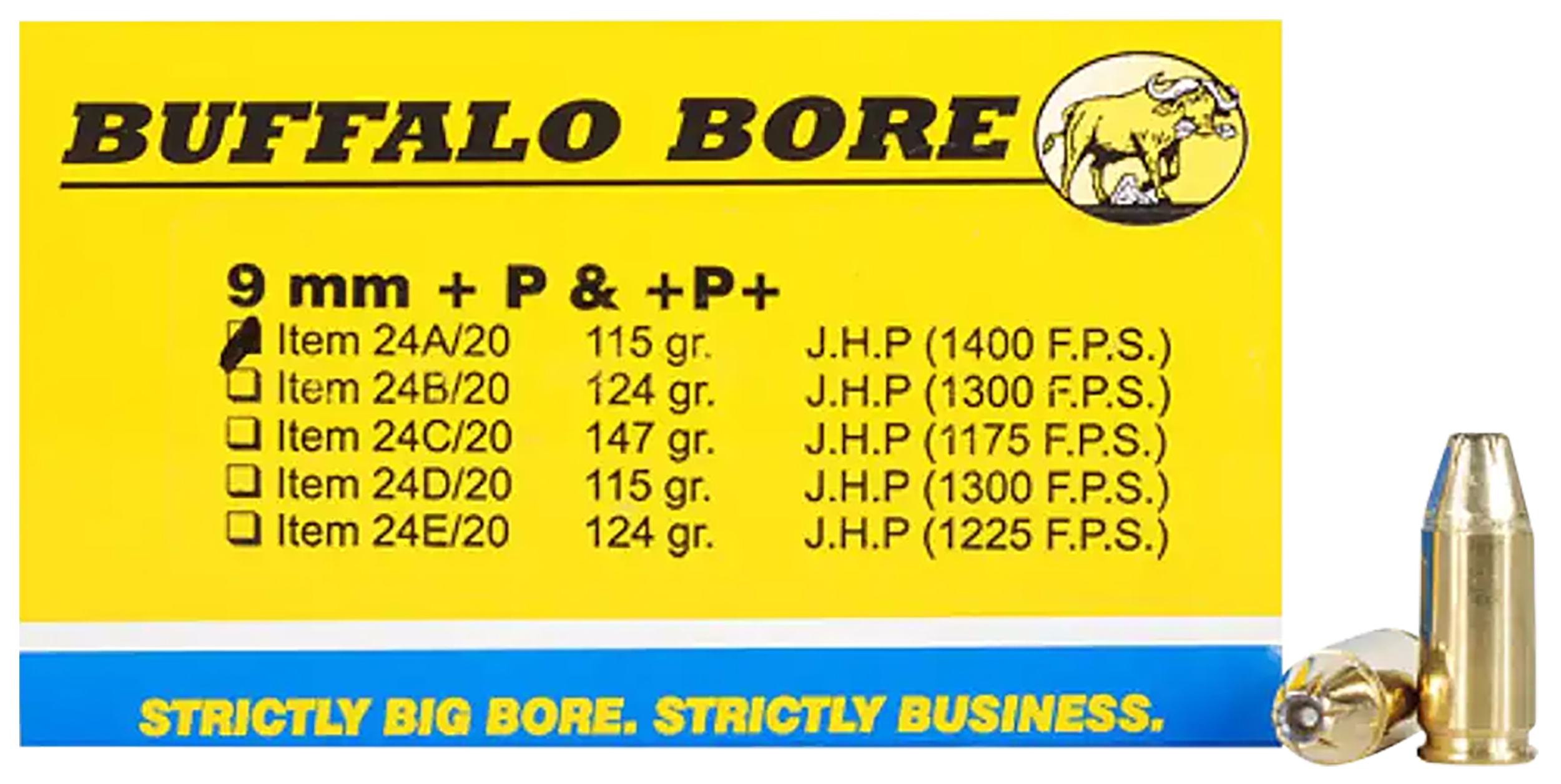 Buffalo Bore Ammunition 24A20 Personal Defense Strictly Business 9mmLuger +P+ 115gr Jacket Hollow Point 20 Rounds
