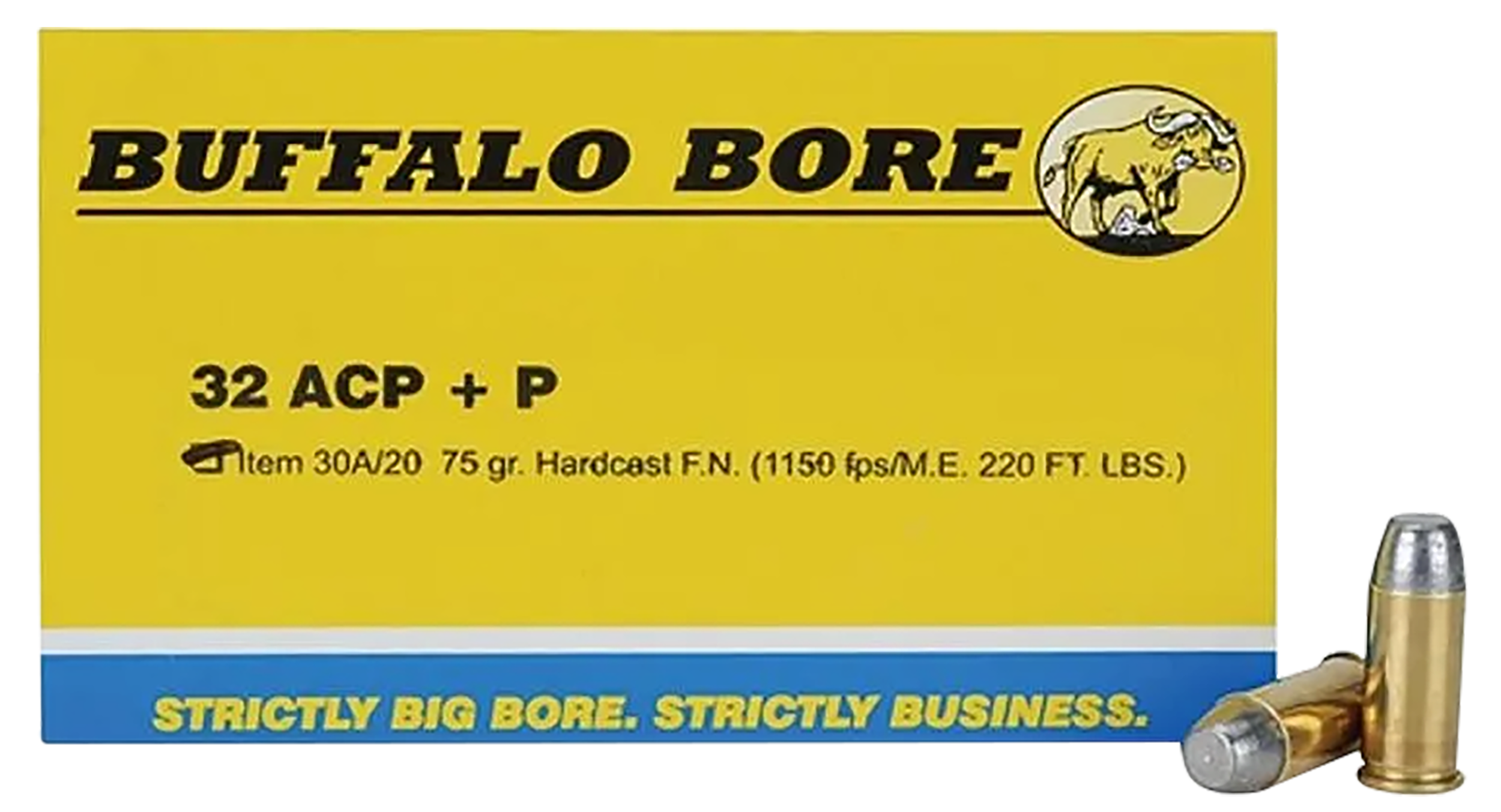 Buffalo Bore Ammunition 30A20 Personal Defense Strictly Business 32ACP +P 75gr Hard Cast Flat Nose 20 Rounds