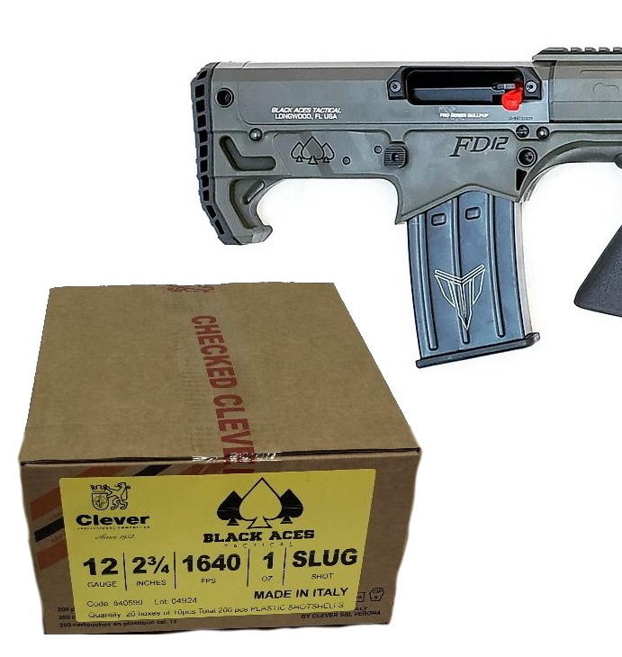 Black Aces Pro Series Bullpup Pump Shotgun - OD Green | 12ga | 18.5" Barrel | Barrel Shroud Bundled w/ Black Aces Tactical 12ga Slugs 2.75 inch Shotgun Shells - SLUG | 1640 fps | Zinc coated steel casing | 1 Case (20 boxes/200rds)