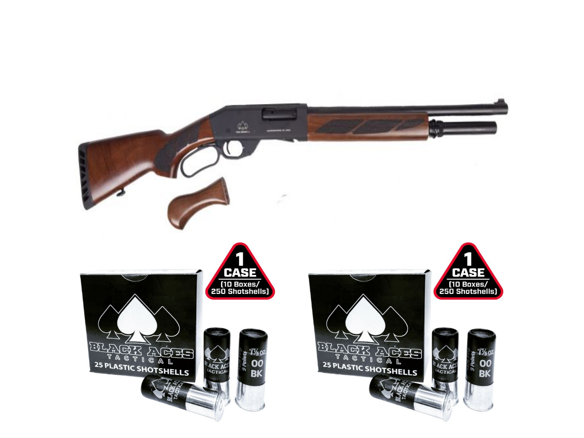 Black Aces Tactical Pro Series L Lever Action, 12GA, 18.5in. Barrel, 6rd, Bundle Incl. 2 cases of Black Aces Tactical Buckshot shells. Wood Stock & Forend - Black