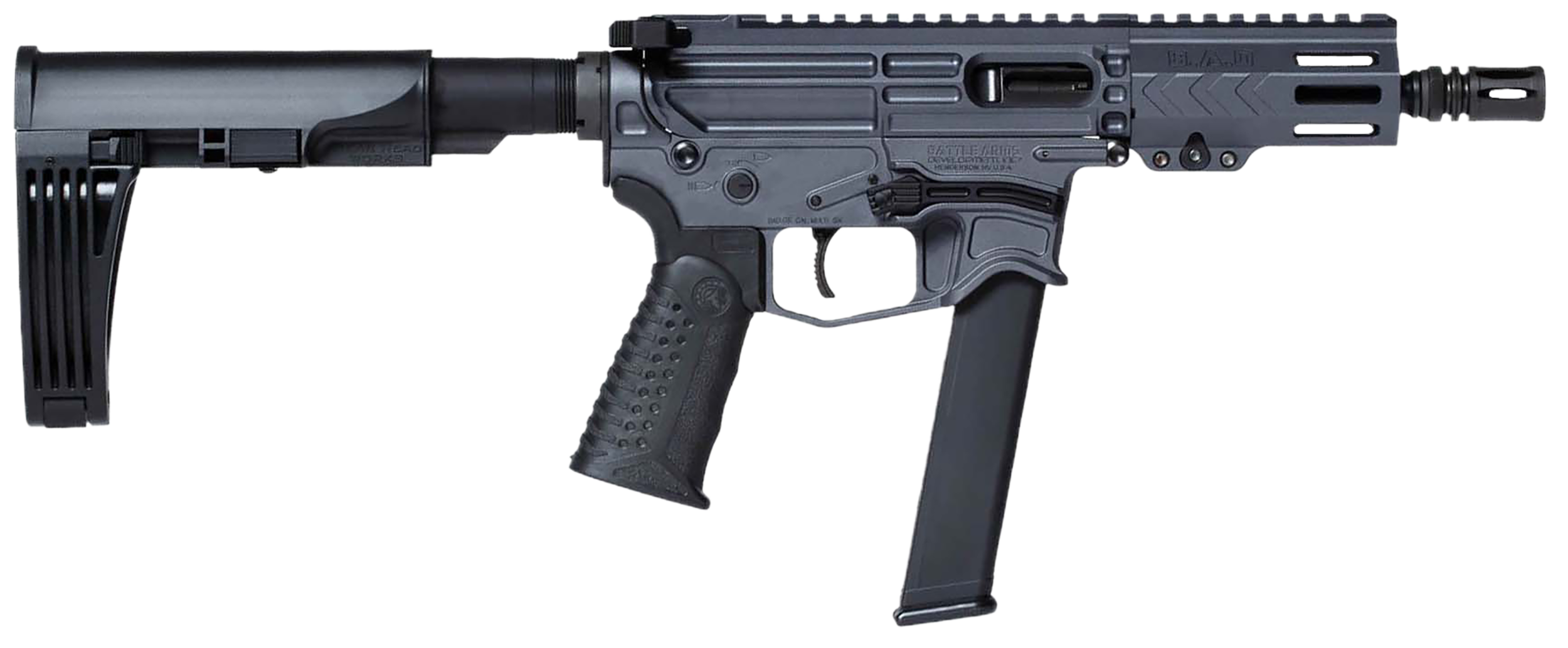 Battle Arms Development Billet XIPHOS 9P AR Pistol - Combat Grey | 9mm | 4.5" Barrel | 4" M-LOK Free-Float Rail | Ambi Charging Handle | Nickel Teflon Trigger | SBA3 Arm Brace