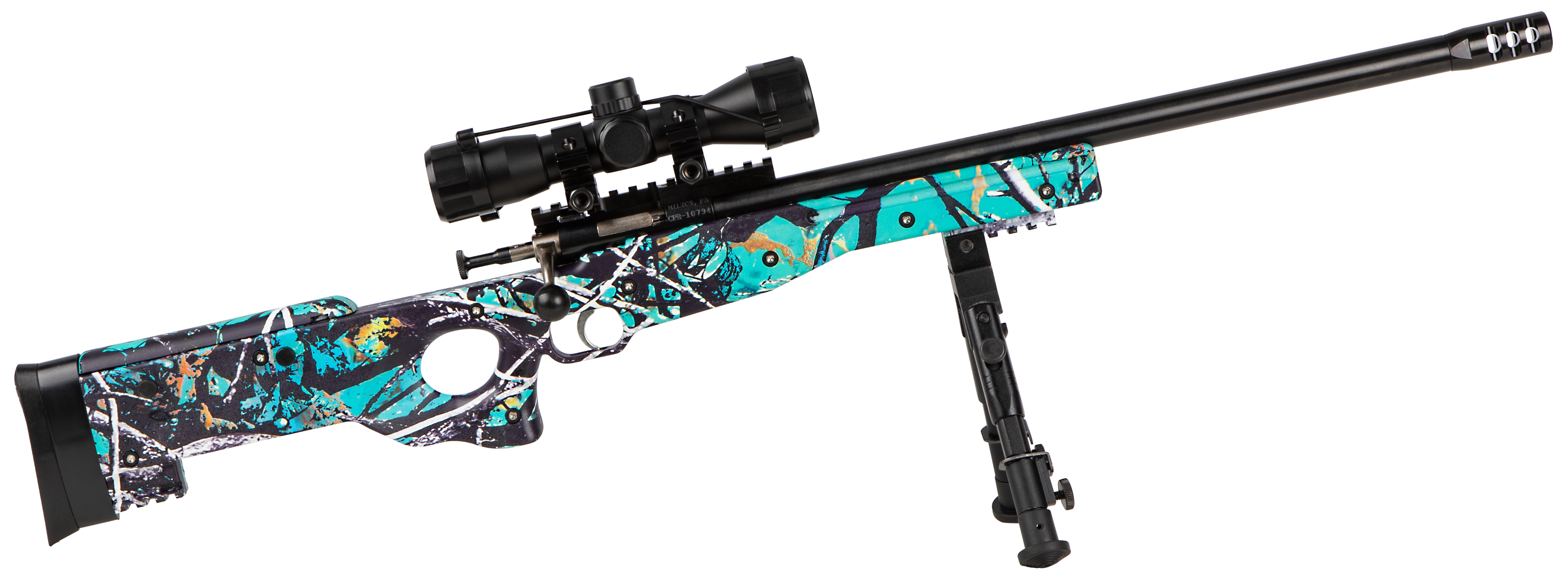Crickett KSA2149 Precision Package 22 LR Caliber with 1rd Capacity, 16.12" Barrel, Blued Metal Finish & Fixed Thumbhole Muddy Girl Serenity Synthetic Stock (Youth) Includes Scope & Bipod