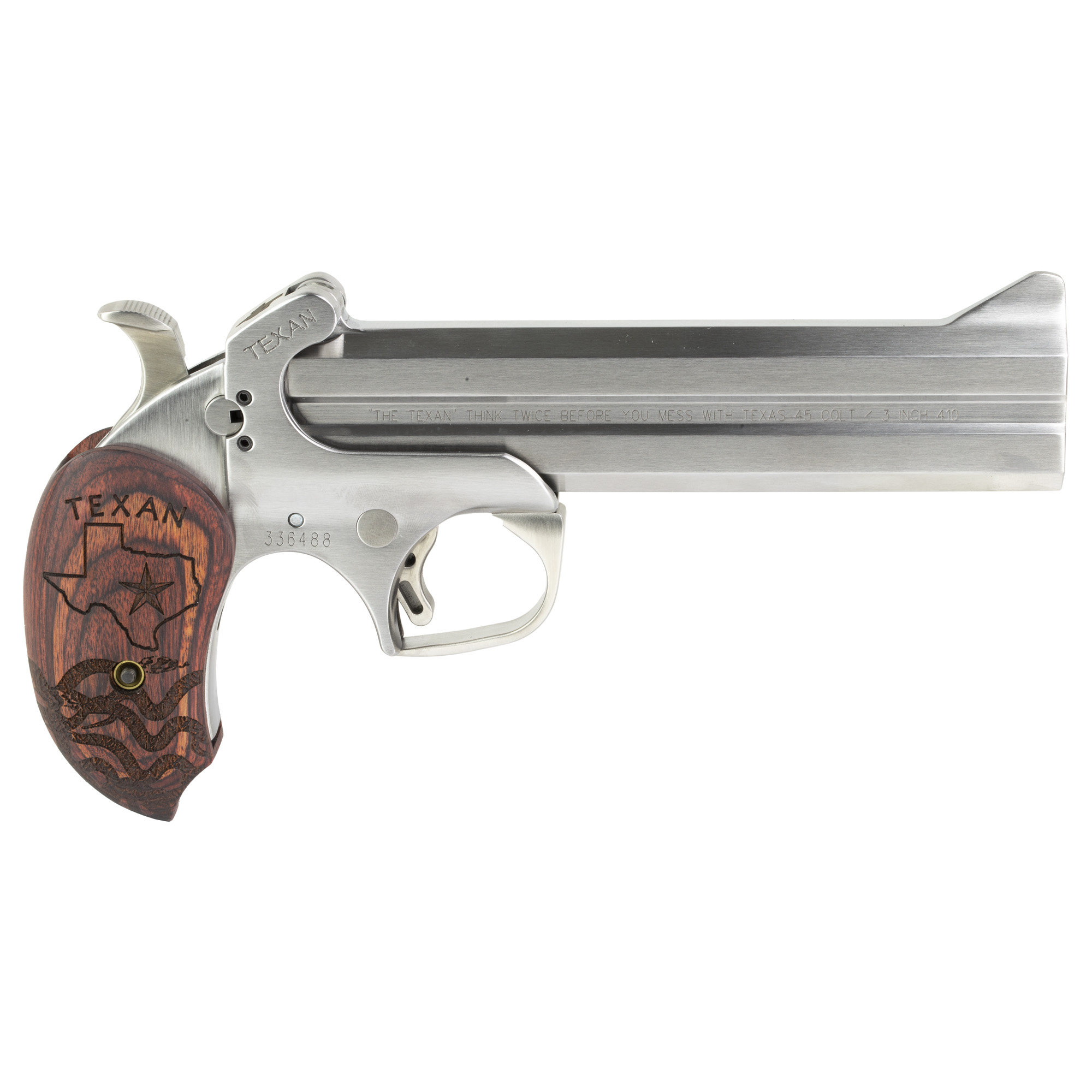 Bond Arms BATX Texan  Derringer Single 45 Colt (LC)/410 Gauge 2rd, 6" Stainless Steel Double Barrel & Frame, Blade Front/Fixed Rear Sights, Custom Engraved Rosewood Grip, Manual Safety