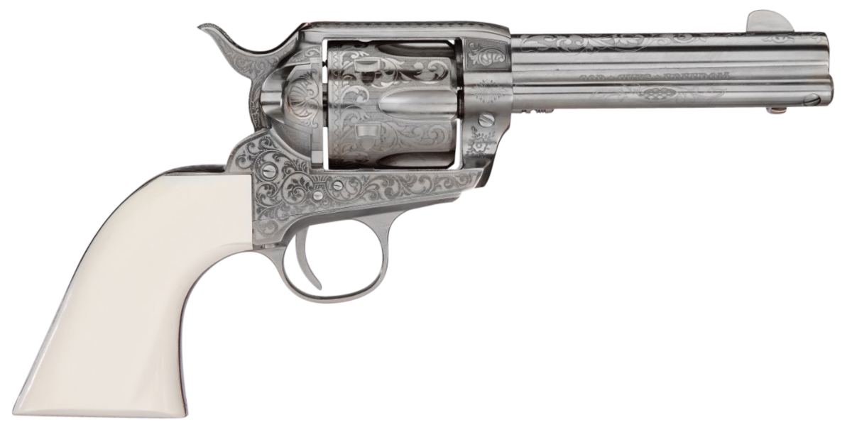 Taylors & Company 200058 1873 Cattleman Outlaw Legacy 357 Mag Caliber with 4.75" Barrel, 6rd Capacity Cylinder, Overall Nickel Engraved Finish Steel & Ivory Synthetic Grip