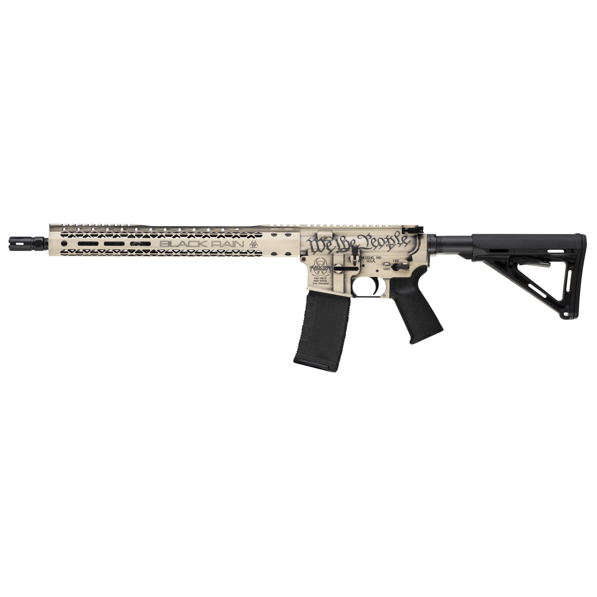 Black Rain Ordnance BROWTPLSB Spec 15+ We The People 5.56x45mm NATO 30+1 16", Light Sand Battleworn with Deep Engraving, 15" Slim M-LOK, Magpul Grip/Carbine Stock, Castle Flash Hider