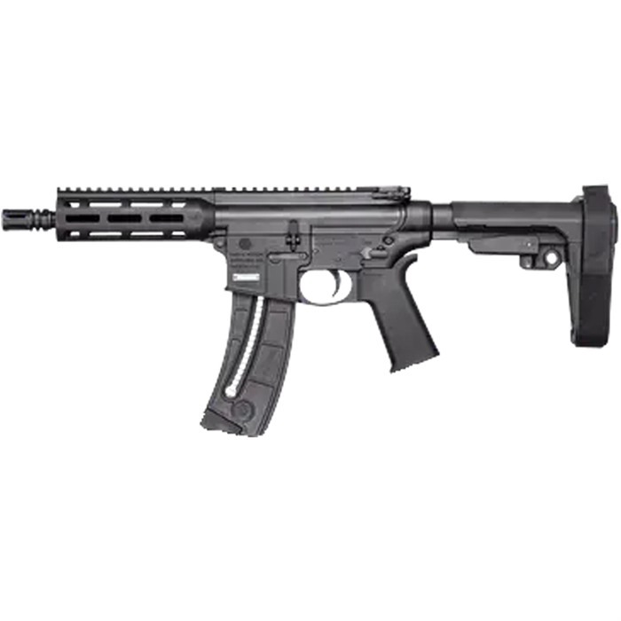 Smith & Wesson 13321 M&P15  Pistol 22 LR 8" Black Carbon Steel Barrel 25+1, Black SB Tactical SBA3 Adjustable Arm Brace Stock, Black Magpul MOE Grip, Manual Safety, Optics Ready