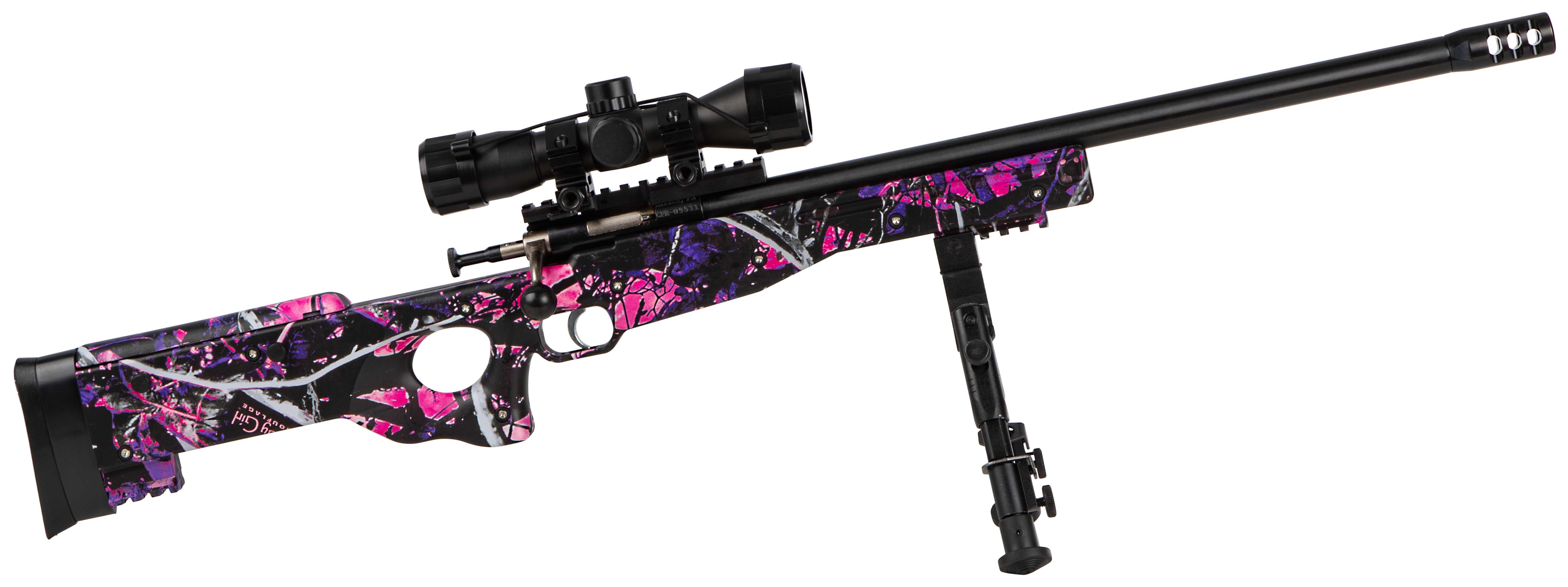 Crickett KSA2148 Precision Package 22 LR Caliber with 1rd Capacity, 16.12" Bull Barrel, Blued Metal Finish & Fixed Thumbhole Muddy Girl Synthetic Stock (Youth) Includes Scope & Bipod