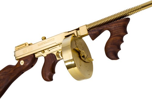 Thompson T150DTG 1927A-1 Deluxe 45 ACP Caliber with 16.50" Barrel, 20+1 Capacity (Stick), 50+1 Capacity (Drum), Titanium Gold Metal Finish, American Walnut Stock Wood Grip Right Hand