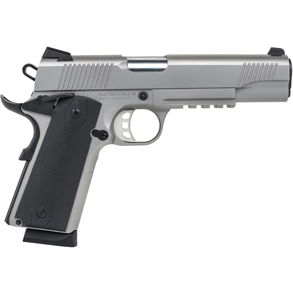 Tisas 10100533 1911 Duty 45 ACP 8+1 5" Black Steel Barrel, Stainless Serrated Slide, Satin Stainless Steel Frame w/Accessory Rail & Beavertail, Ambidextrous