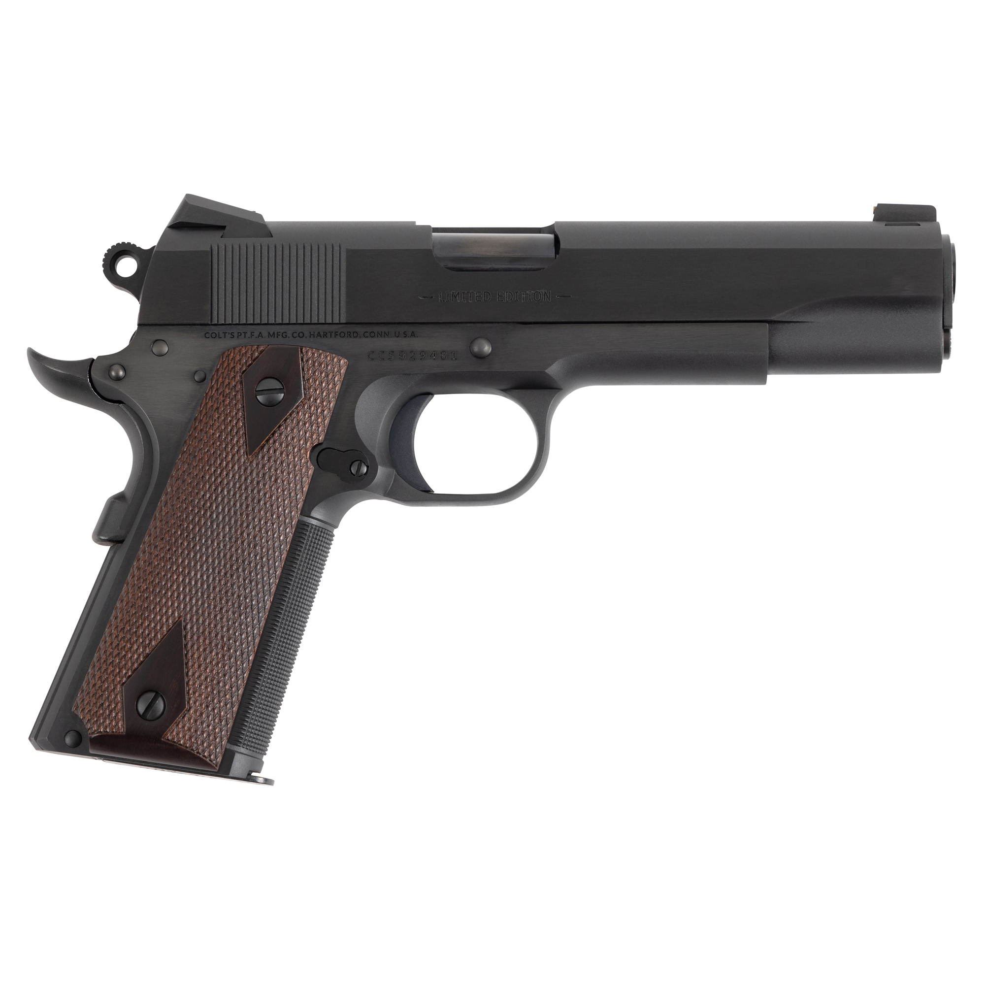 Colt 1911 Government 45 ACP 5 inch 7 plus 1 Capacity Blued with Rosewood Grips