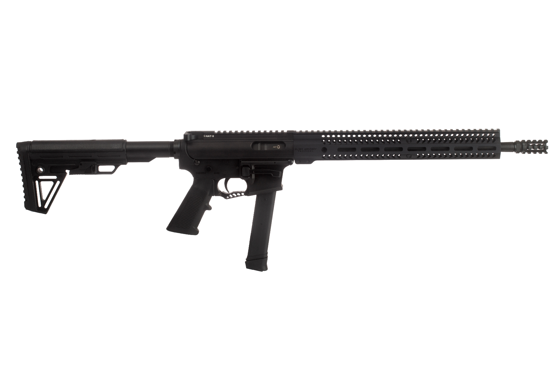 Alien Armory Tactical AAT-9 9mm Luger, 16in. Barrel, 33rd, 14" MLOK Rail, Pineapple Flash Hider & upgraded AAT Parts - Black