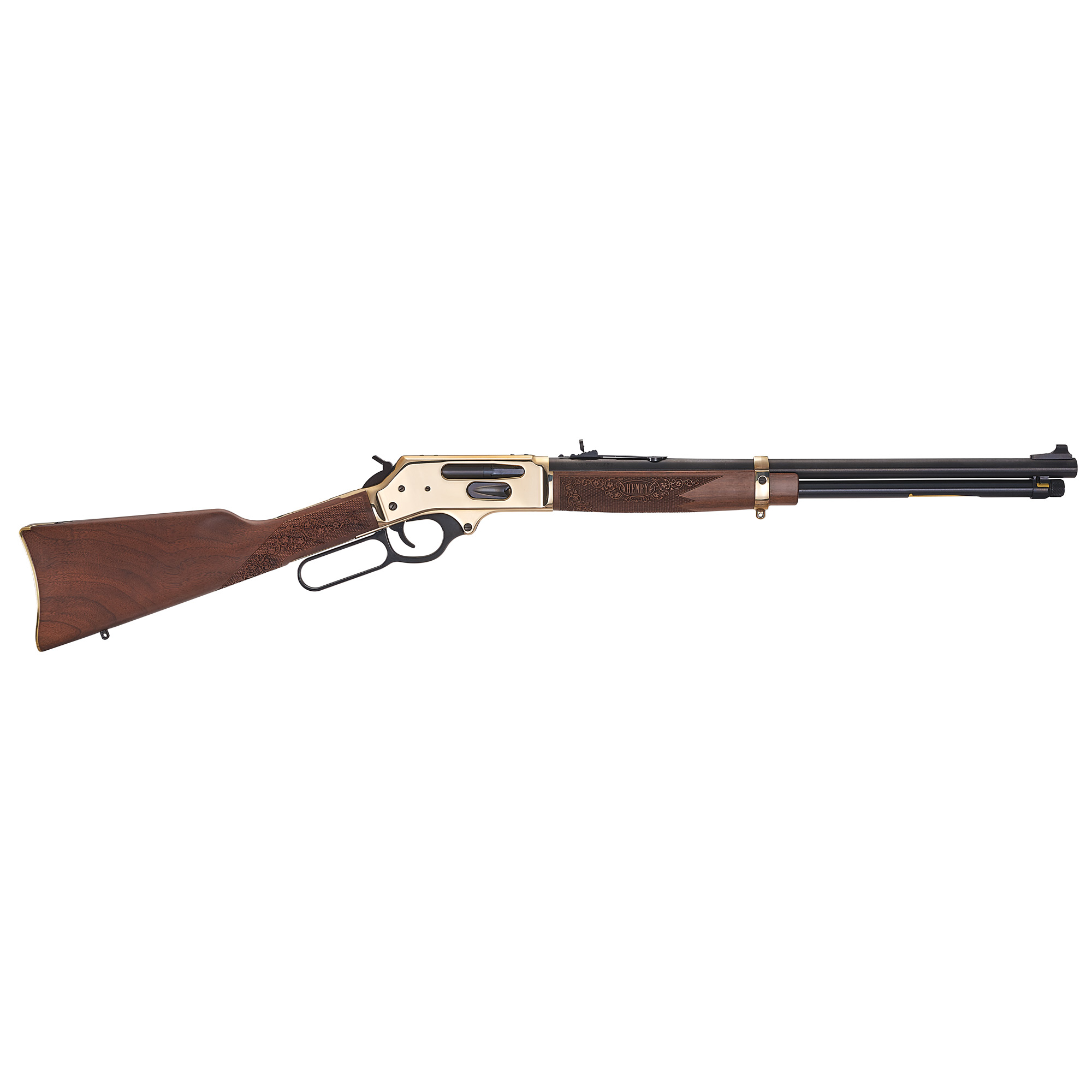 Henry H024360BH Side Gate  Full Size 360 Buckhammer 5+1 20" Blued Steel Barrel, Brass Polished Drilled & Tapped Brass Receiver, Fixed American Walnut Stock, Right Hand