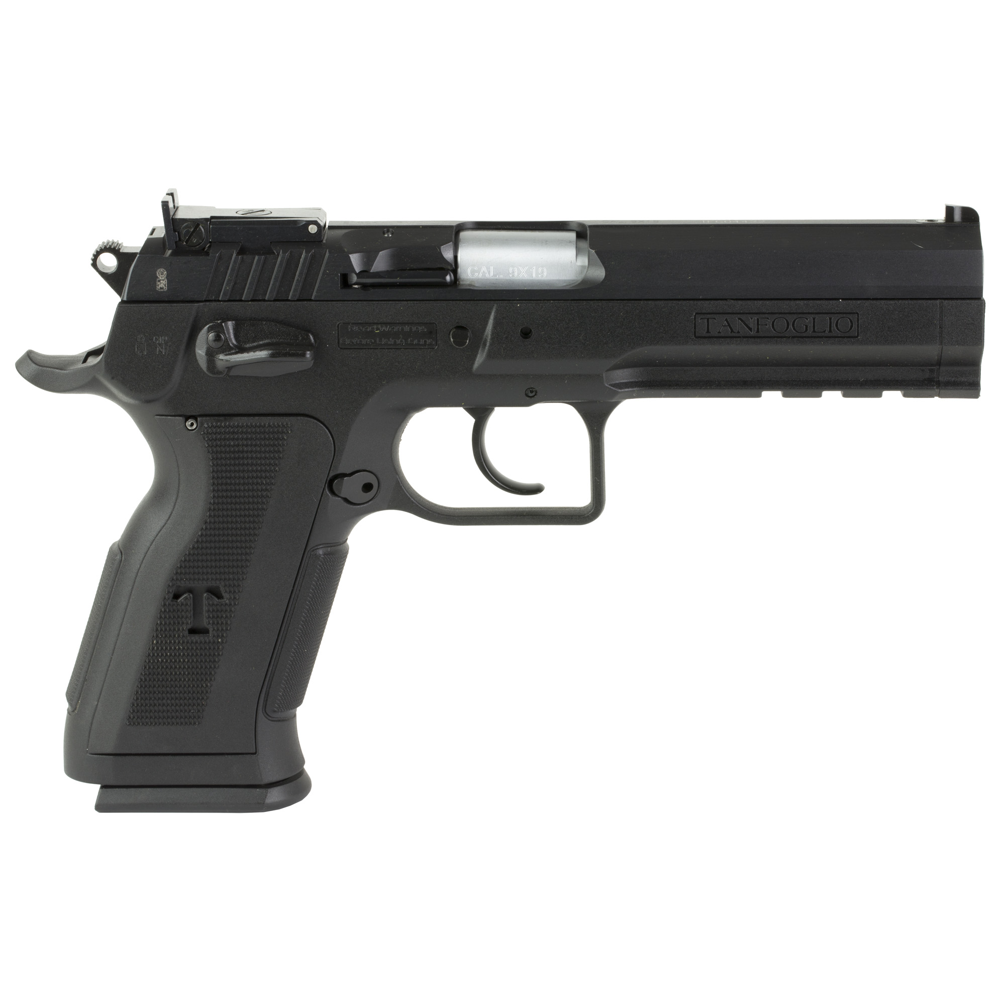 Tanfoglio IFG TFSTOCK3P9 Stock III  Full Size 9mm Luger 16+1, 4.44" Black Polygonal Rifled Barrel, Black Serrated Slide, Black Polymer Frame w/Beavertail, Black Polymer Grip