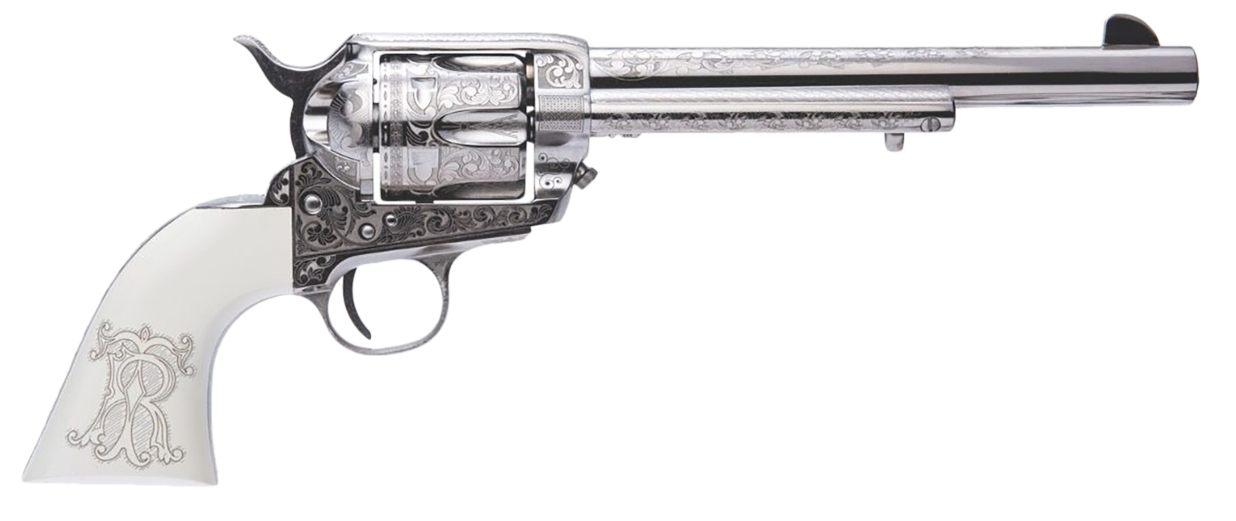 Cimarron Teddy Roosevelt Frontier 45 Colt 7.5 inch 6 Shot Nickel Plated Engraved White Grip Laser Engraved Tr