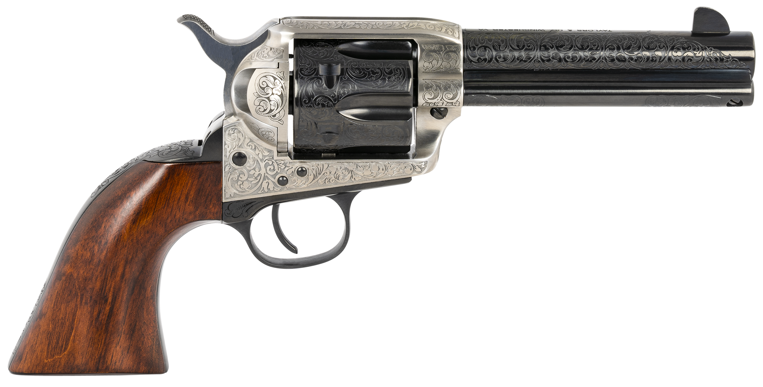 Taylors & Company 550925 1873 Cattleman 45 Colt (LC) Caliber with 4.75" Blued Floral Engraved Finish Barrel, 6rd Capacity Blued Finish Cylinder, Coin Photo Engraved Finish Steel Frame & Walnut Grip