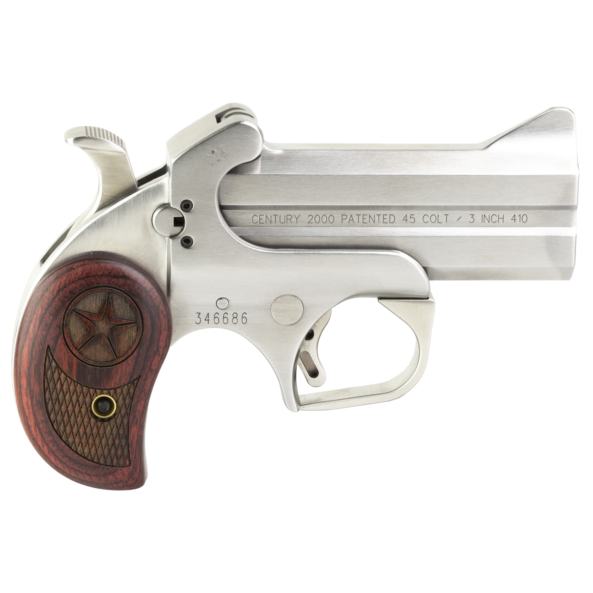 Bond Arms BAC2K Century 2000 45 Colt (LC)/410 Gauge 2rd 3.50"  Stainless Steel Double Barrel & Frame, Auto Extractor & Rebounding Hammer, Blade Front/Fixed Rear Sights, Rosewood Grip, Manual Safety