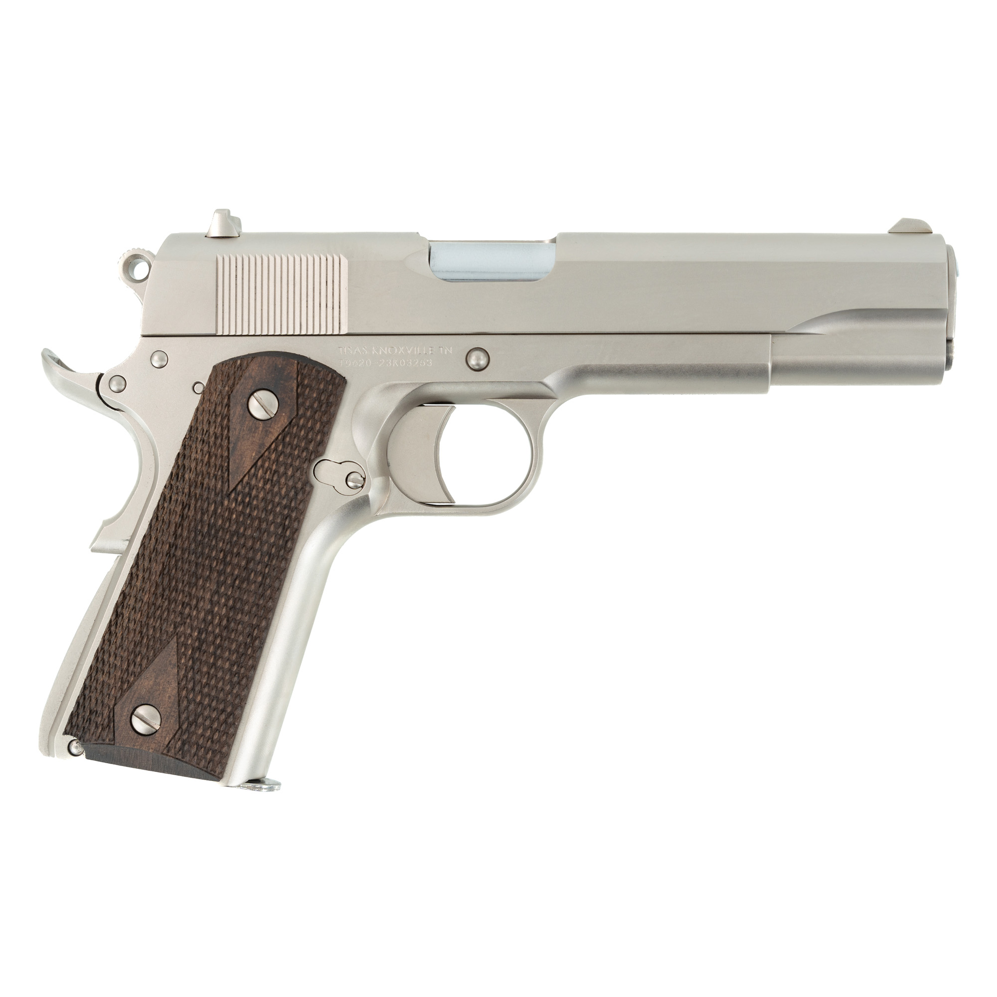 SDS Imports 10100562 1911 A1 Stakeout Full Size Frame 38 Super 9+1 5"Stainless Button-Rifled Barrel, Nickel Serrated Stainless Steel Slide, Nickel Steel Frame w/Beavertail, Turkish Walnut Grip