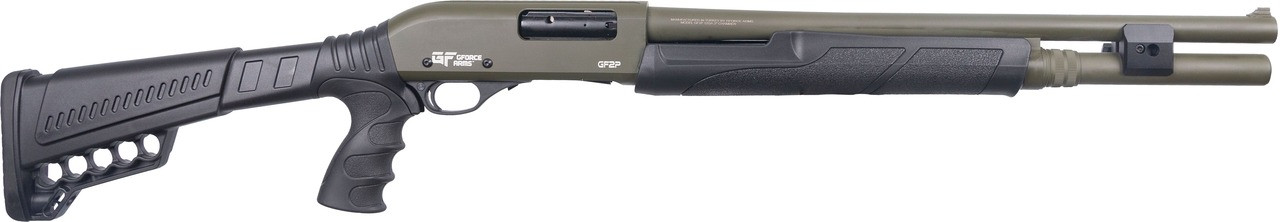 Gforce Arms GF2P12 GF2P  12 Gauge Pump 3" Chamber 7+1 20" Fixed Cylinder Bore, OD Green Barrel/Rec, Black Furniture, 5rd Shell Carrier Stock, Rubber Pistol Grip, Blade Sight, 3rd Shell Holder on Rec