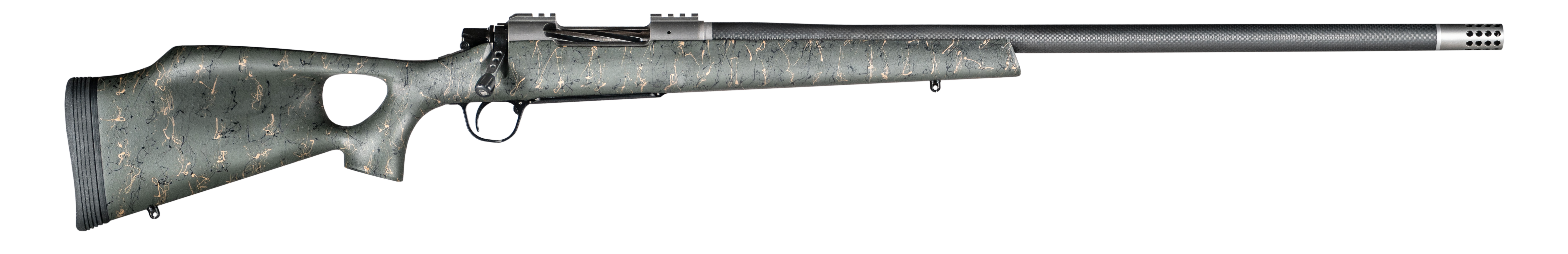 Christensen Arms CA10269815323 Summit TI  Full Size 28 Nosler 3+1, 26" Natural Titanium Steel Threaded Barrel, Natural Titanium Aluminum Receiver, Green w/Black/Tan Webbing Fixed Thumbhole Stock