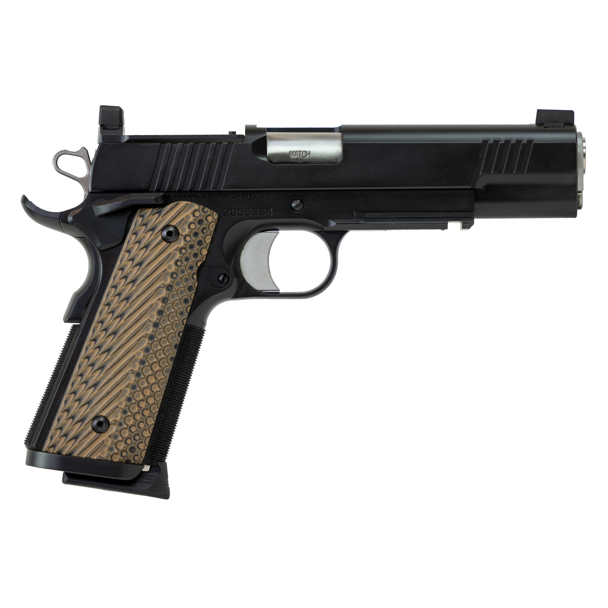 Dan Wesson 01799 Specialist  45 ACP 8+1 (2) 5" Match Grade Stainless Barrel, Black, Beavertail Frame with Pic. Rail, Optic Cut Serrated Side, Black/Brown G10 Grip, Night Sights