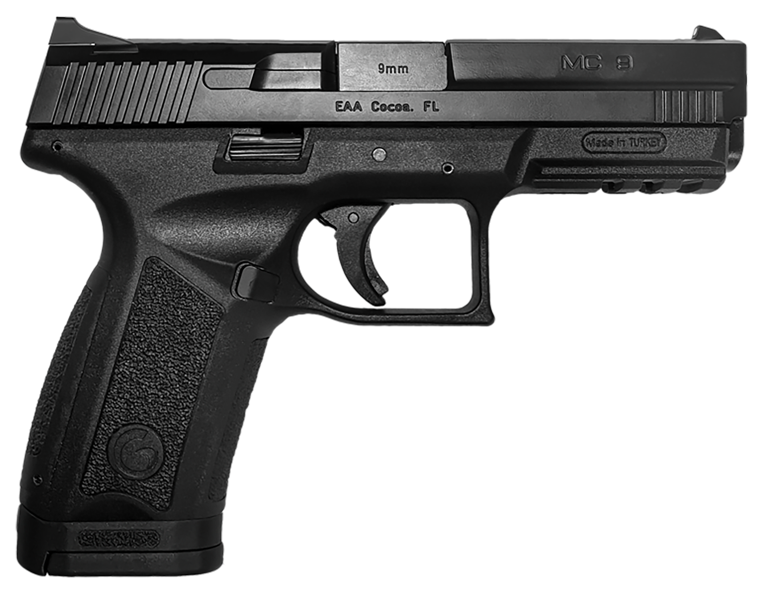 EAA GIRSAN 390340 MC9  9mm Luger 17+1, 4.20" Black Steel Barrel, Blued Serrated Steel Slide Black, Polymer Frame w/Picatinny Rail, Black Interchangeable Backstrap Grip, Ambidextrous