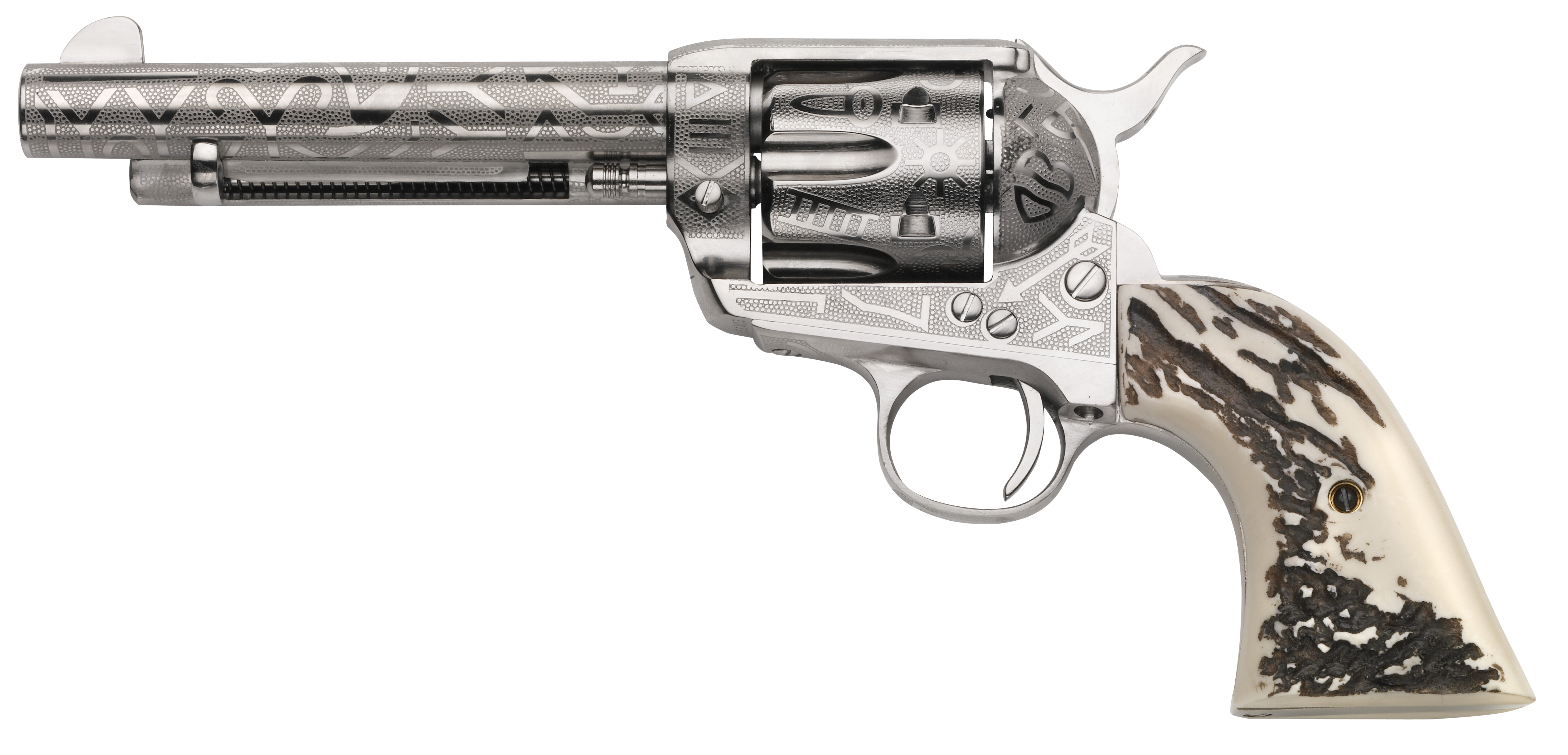 Taylors & Company 200063 1873 Cattle Brand 45 Colt (LC) Caliber with 5.50"  Barrel, 6rd Capacity Cylinder, Overall Nickel-Plated Engraved Finish Steel & Imitation Stag Grip