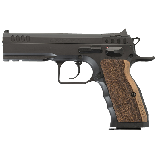 Tanfoglio IFG TF-STOCKI-9SF Defiant Stock I 9mm Luger Caliber with 4.50" Barrel, 16+1 Capacity, Overall Black Finish Steel, Picatinny Rail/Beavertail Short Frame, Serrated Slide & Wood Grip