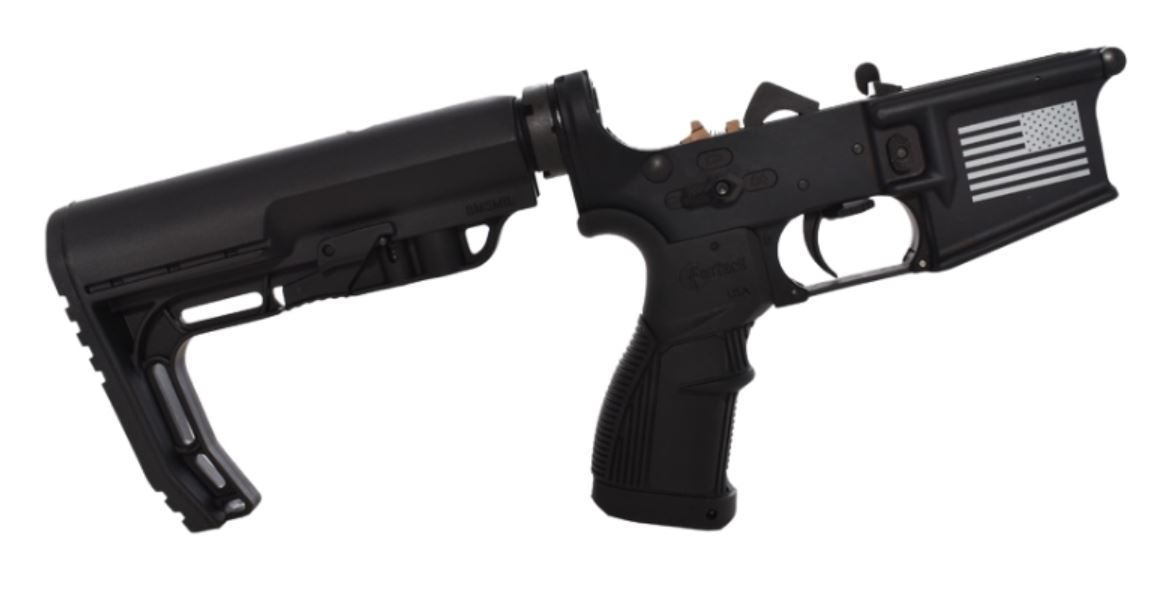 FosTech Complete Tech-15 Forged AR-15 Lower Receiver - Black | Flag Logo | MFT Minimalist Stock | Installed Echo Sport Trigger