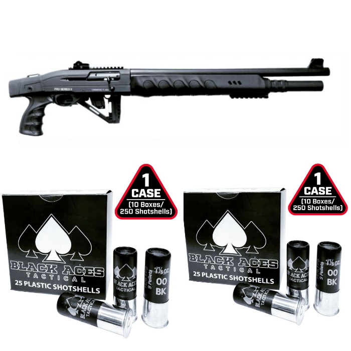 Black Aces Tactical Pro Series X Semi-Auto Shotgun - Black | 12ga | 18.5" & 24" Barrel | Includes Chokes, Hardcase, Standard & 6-Position Tactical Stock and +2 & +6 mag extensions & 2 cases of Black Aces Tactical 12ga Buckshot 2.75 inch Shotgun Shells
