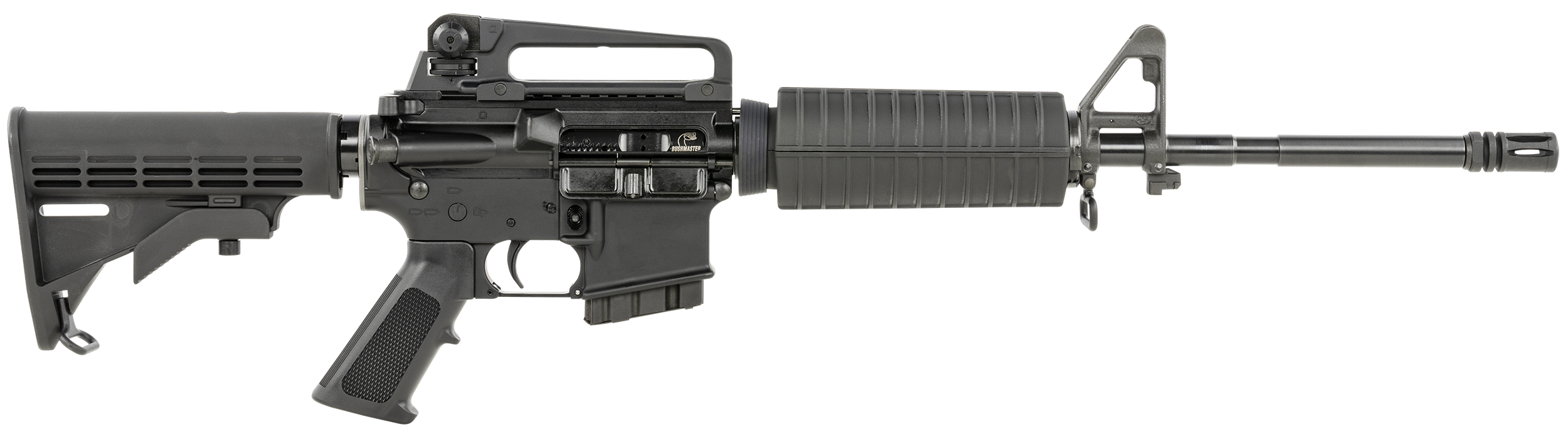 Bushmaster M4 Patrolman's Carry Handle-CA AR15 Rifle - Black | 5.56NATO | 16" Barrel | A2 Handguard w/ Detachable Carry Handle | A2 Flash Hider | M4 Collapsible Stock | Fixed 10rd Mag | CA Compliant