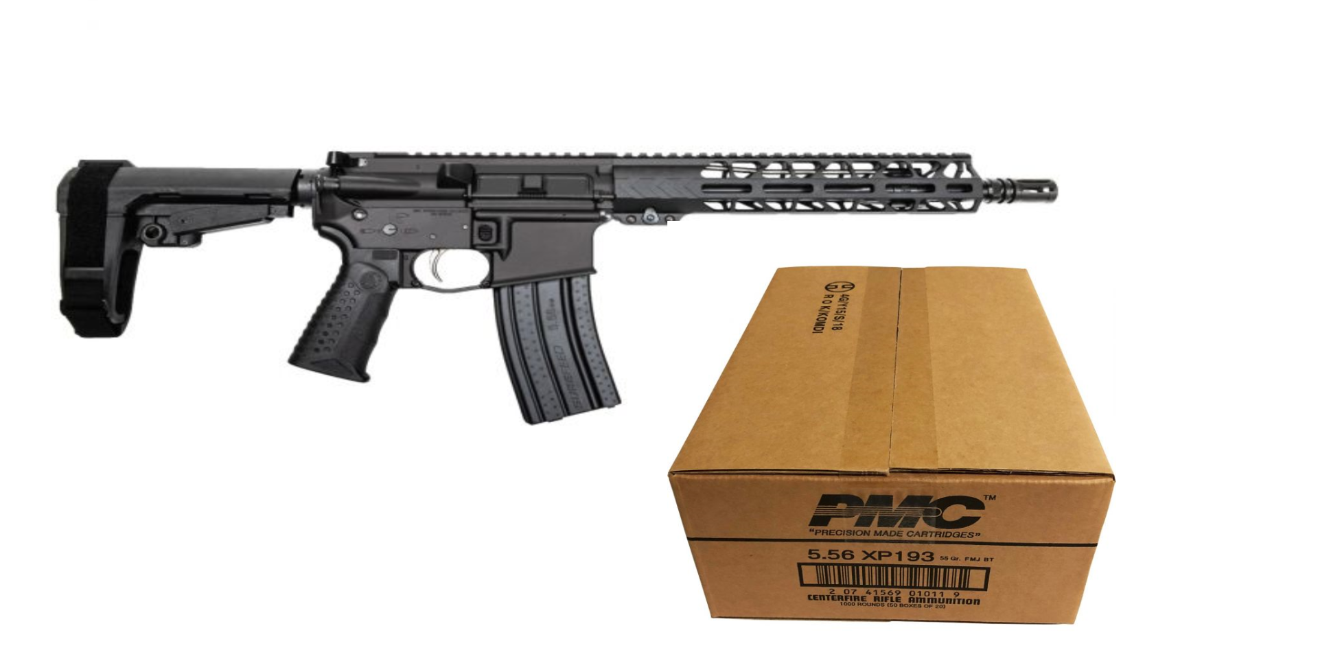 Battle Arms Development Forged WORKHORSE DEFENSE AR Pistol - Black | 5.56NATO | 10.5" Barrel | 9.5" M-LOK Free-Float Rail | Nickel Teflon Trigger | SBA3 Arm Brace & PMC X-TAC 5.56NATO Rifle Ammo - 55 Grain | FMJ-BT | 1 Case (50 boxes)