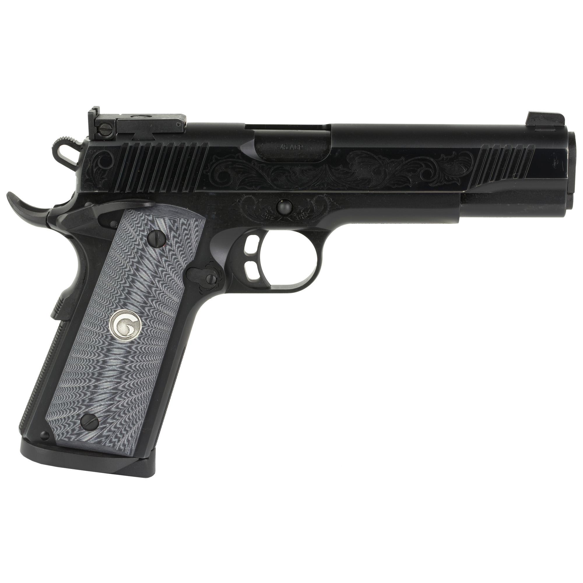 EAA GIRSAN 390098 MC1911 S Lux Full Size 45 ACP 8+,1 5" Black Steel Barrel, Black Chrome w/Engraving Serrated Slide, Black Chrome Engraved Steel Frame w/Beavertail, G10 Grips Ambidextrous