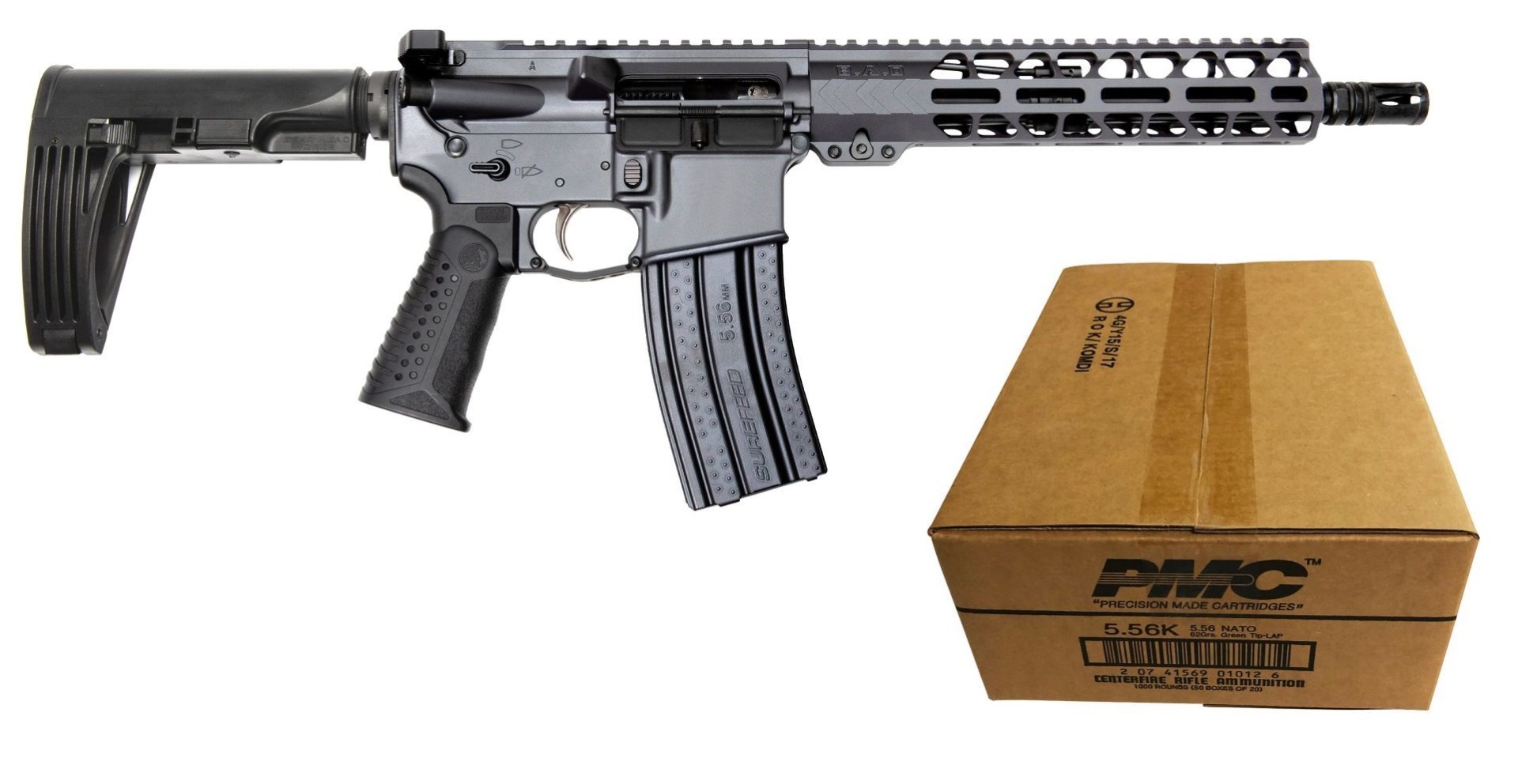 Battle Arms Development WORKHORSE DEFENSE AR Pistol - Combat Grey | 5.56NATO | 10.5" Barrel | 9.5" M-LOK Rail | Ambi Charging Handle | Nickel Teflon Trigger | GHW Tailhook MOD 2 Brace Bundled w/ ONE Case PMC X-TAC 5.56NATO Rifle Ammo - 62 Grain | LAP